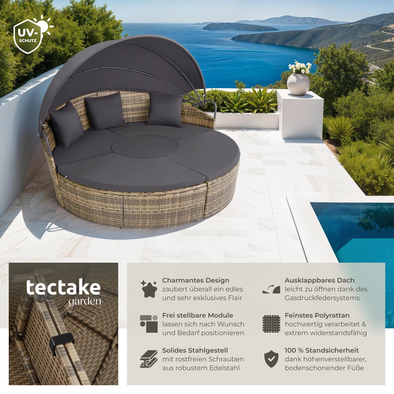tectake Lounge Muschel Sonneninsel wetterfest Gartenliege für 2 Personen multifunktional Terrasse Balkon Natur