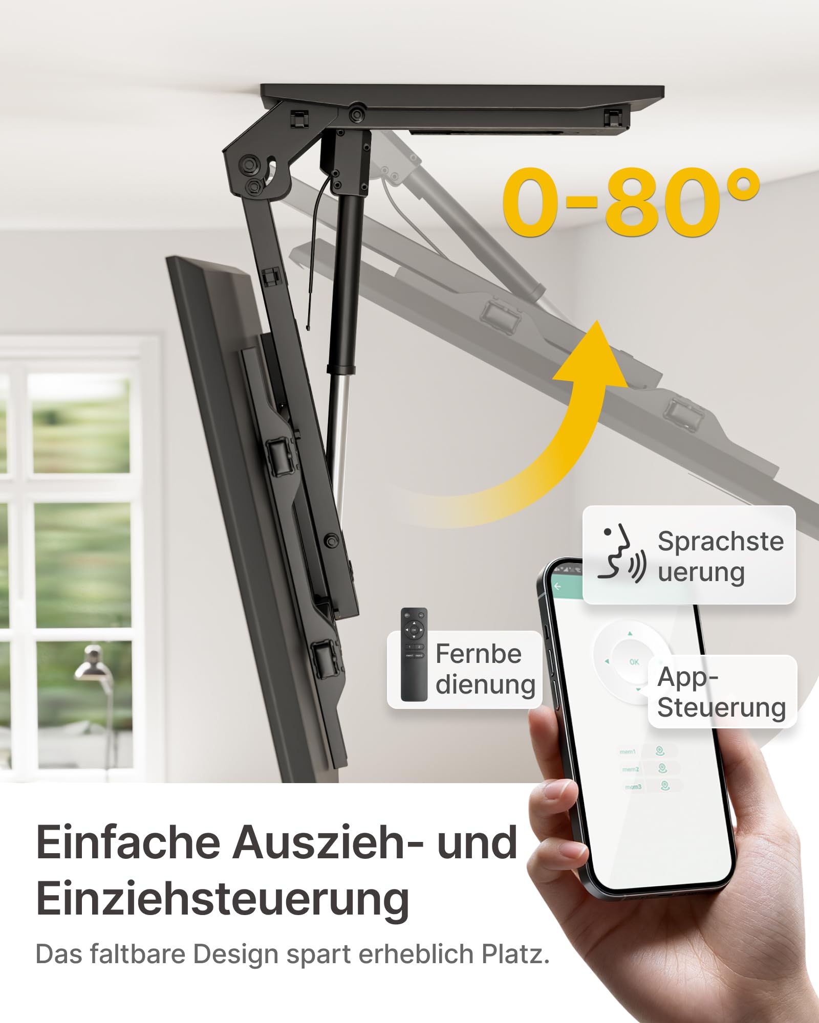 Elektrische TV-Deckenhalterung für 37-75 Zoll Fernseher, motorisiert neigbar bis 45 kg, VESA 200x100 bis 600x400 mm, mit Fernbedienung und