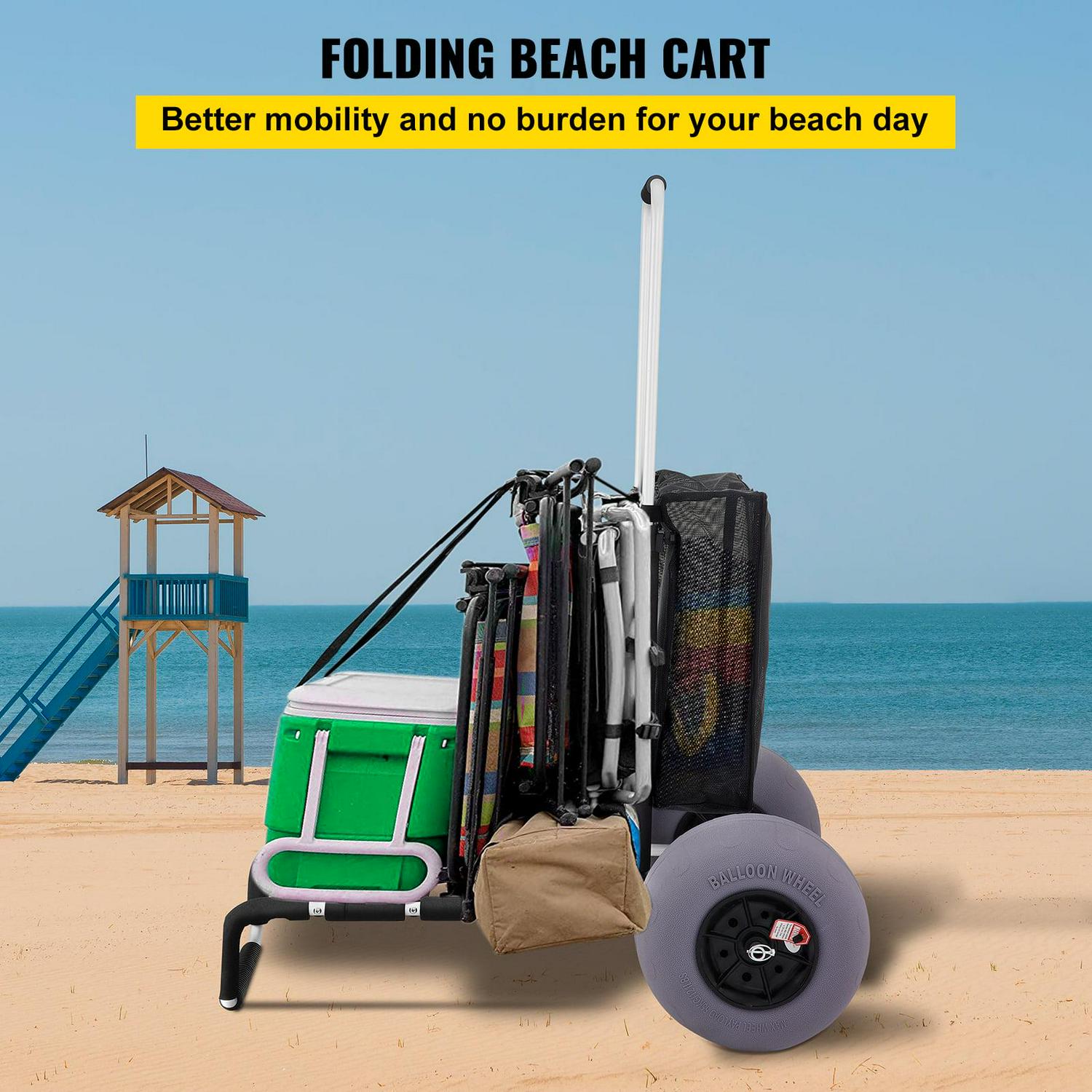 BENTISM Beach Cart for Sand, 165 lbs Capacity, Foldable, Adjustable Handle, 13&prime;&prime; Balloon Wheels, Black