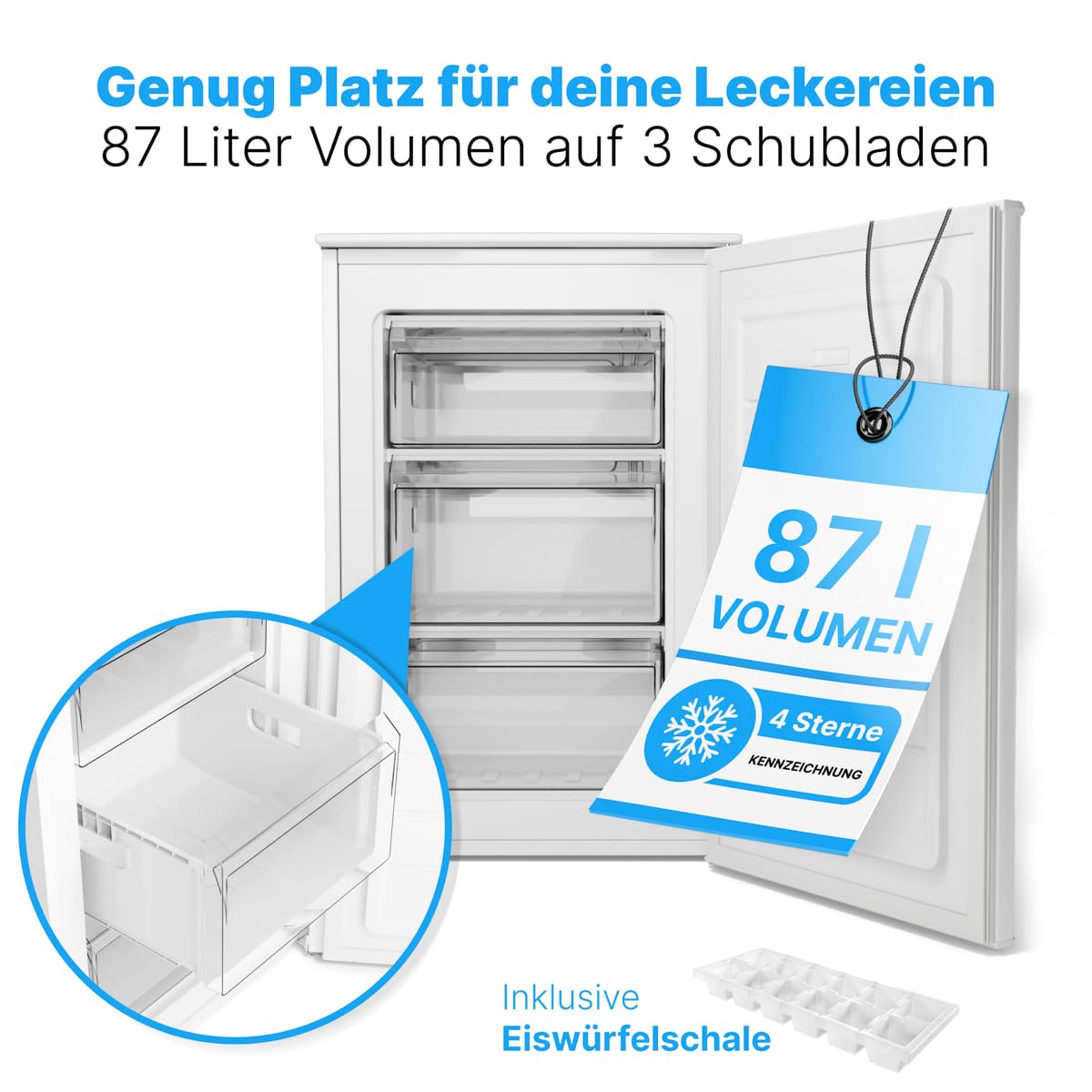 Gefrierschrank 87 L mit 4-Sterne-Gefrierfach, GS 7253, 3 Schubladen und Eiswürfelschale, weiß