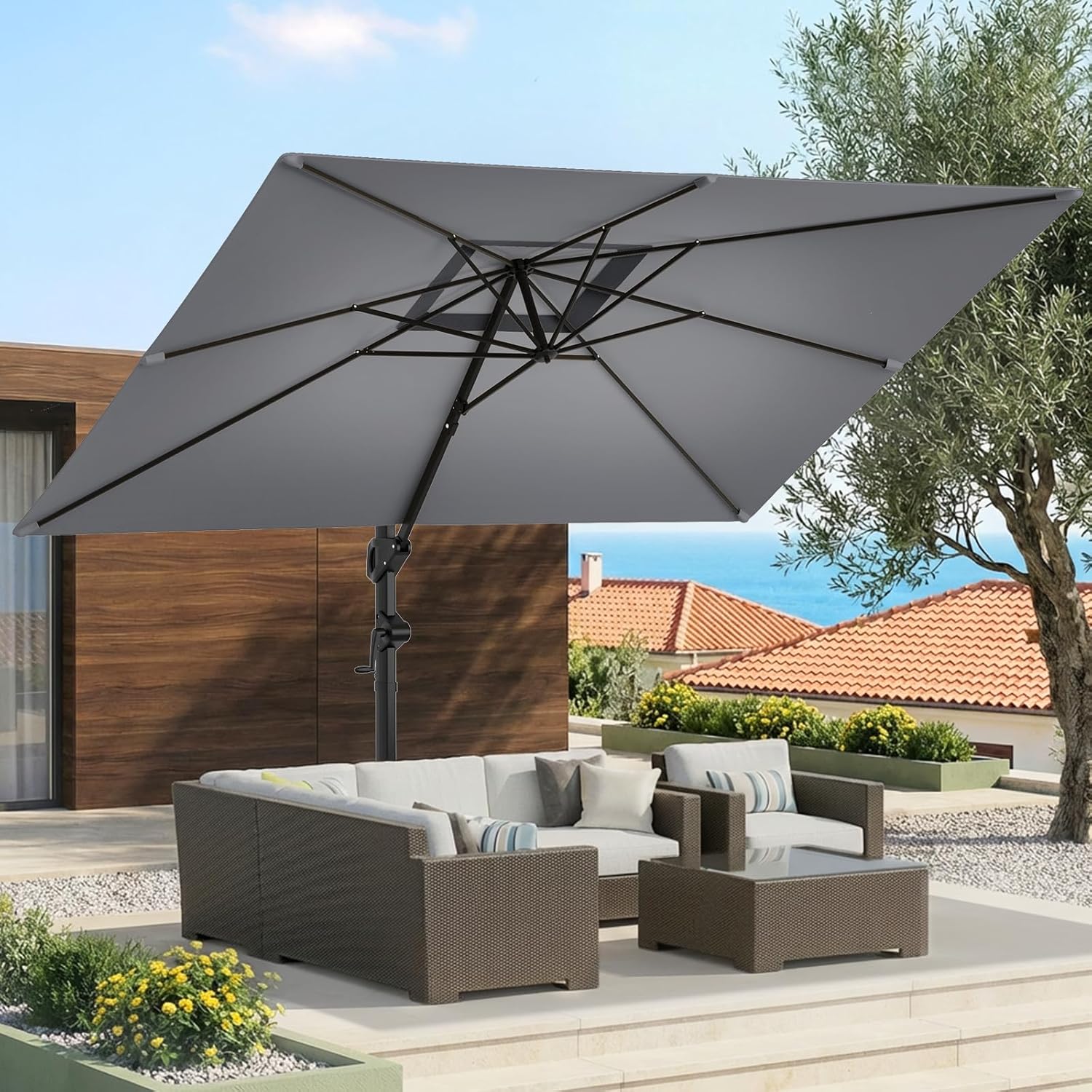HOMSHADE 9x12FT Cantilever Patio Umbrella Outdoor with Base- Large Offset Heavy-Duty Aluminum Umbrella with 360° Rotation  6 Tilts  Windproof  3-Year Fade Resistance for Pool Deck  Rectangular  Grey