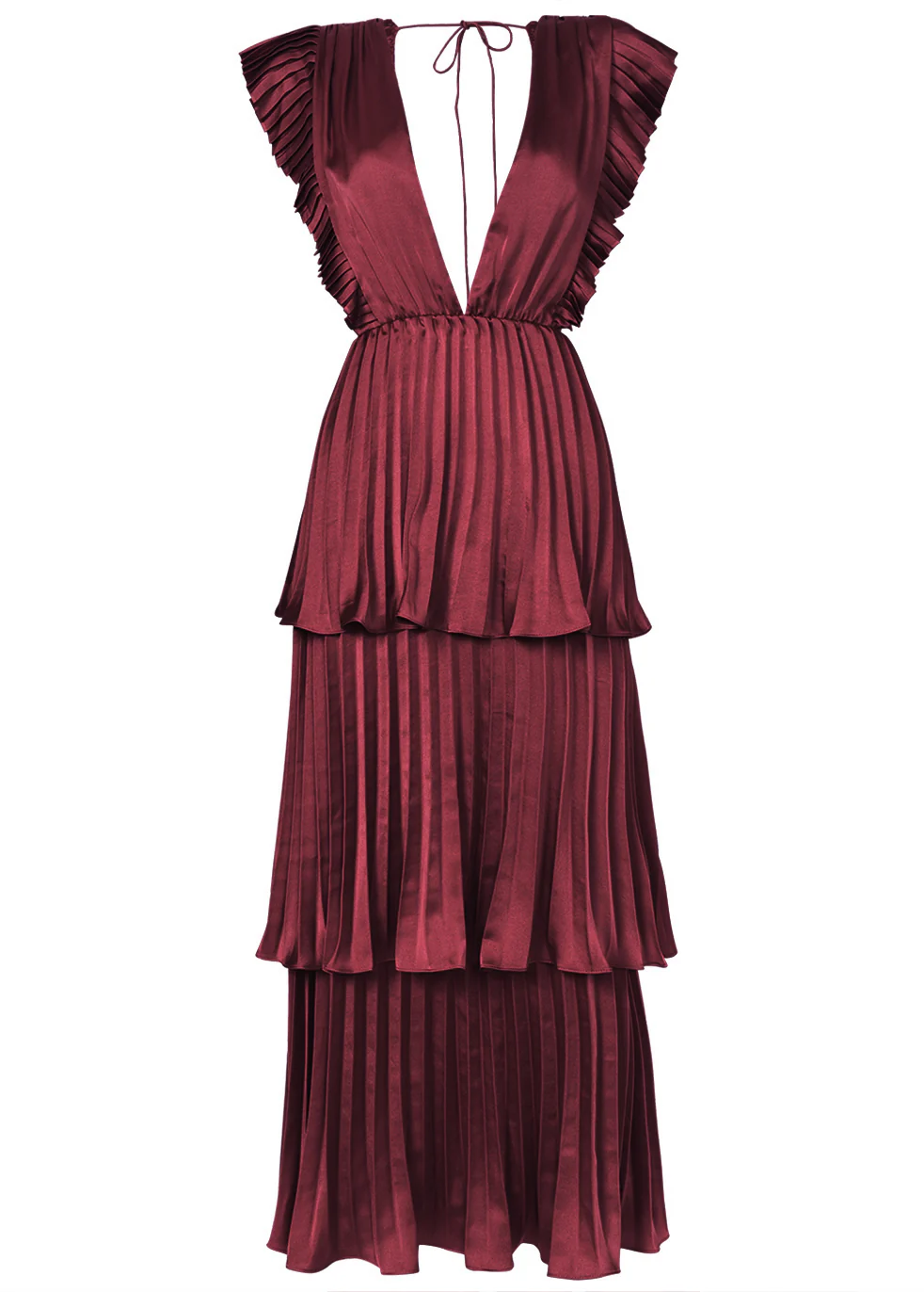 Beatrice Burgundy Satin Pleated Tiered Dress