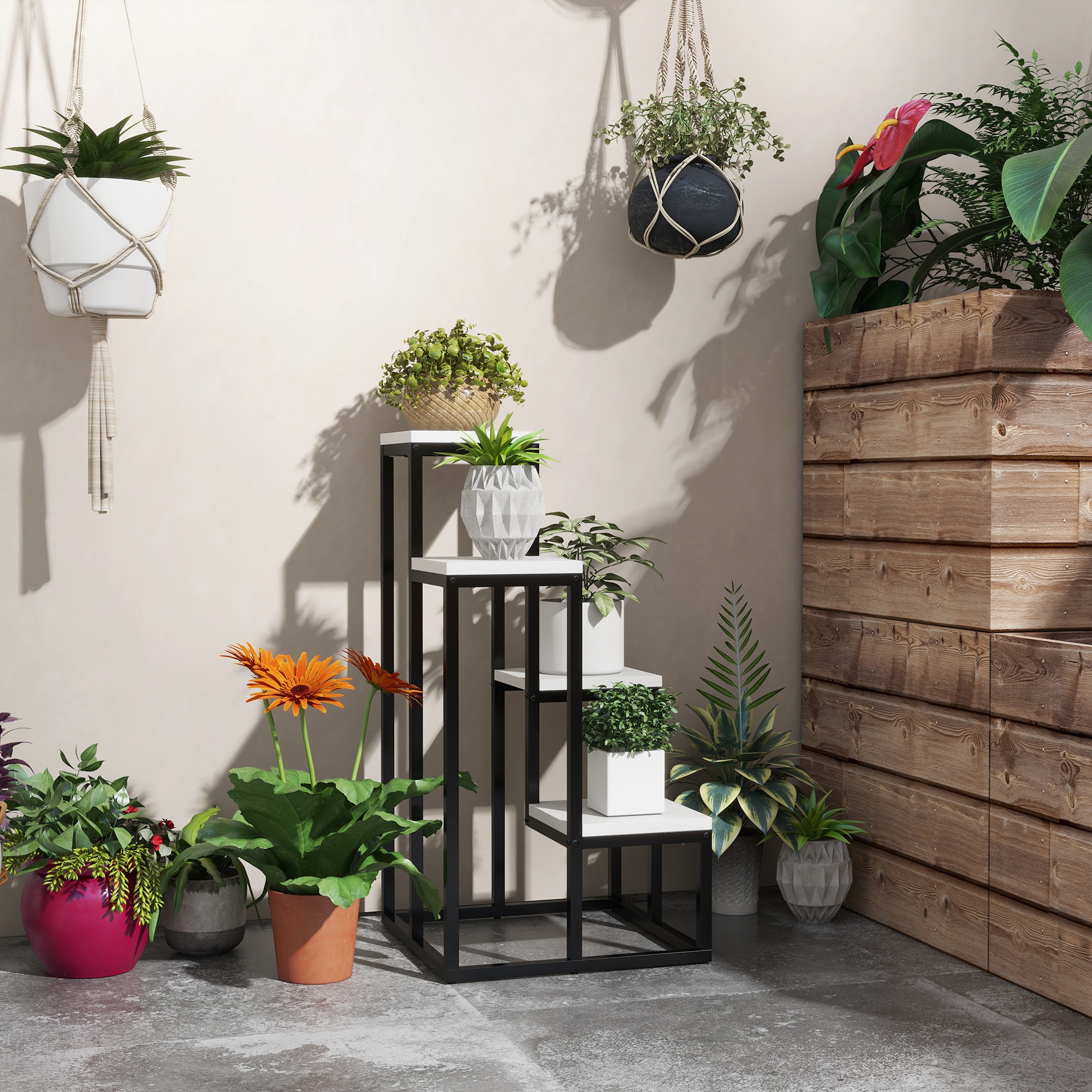 Outsunny Blumenregal, 4 Etagen, Indoor & Outdoor, Metallrahmen, 34L x 34B x 70H cm, Schwarz+Weiß