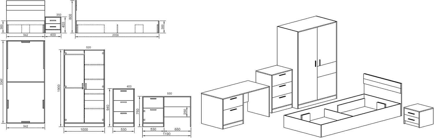 Complete Bedroom Wardrobe 2 Doors Single Bed Chest of Drawers Desk Bedside Table 2 Drawers Bedroom Children CCI6