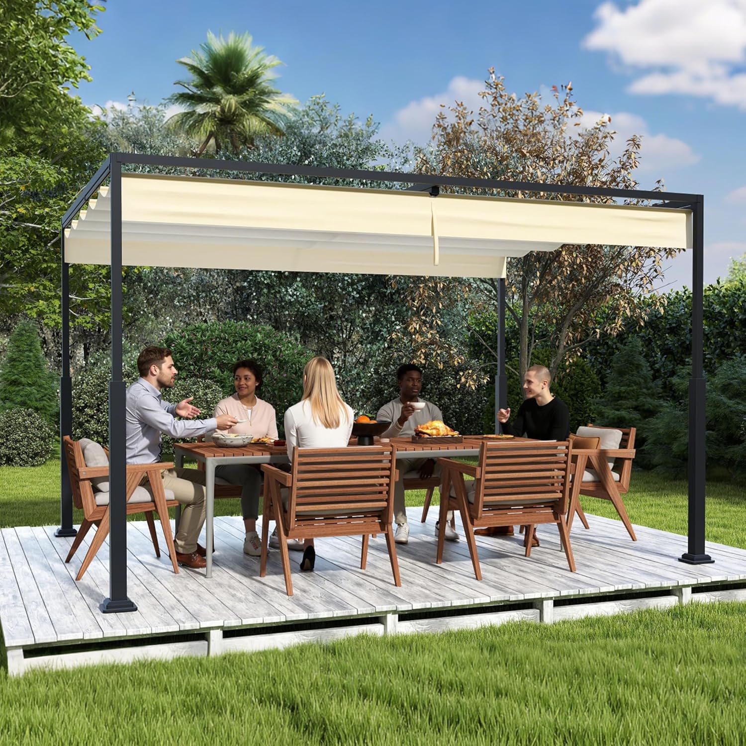 3x4m Pergola, Sturdy Metal Frame, Garden Gazebo with Sunroof and Sun Protection, Retractable Solar Tent for Garden, Terrace and Balcony (Beige)
