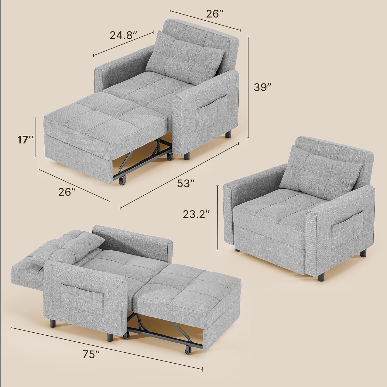 Gizoon Sofá cama 3 en 1 convertible, silla cama individual extraíble con respaldo ajustable, espaciosos sofás multifuncionales para sala de estar, dormitorio, apartamento