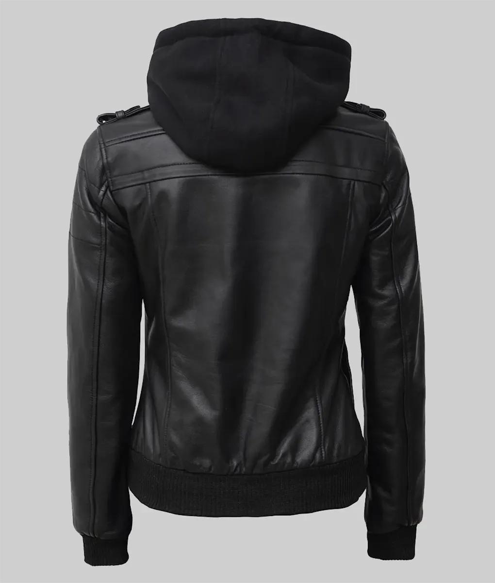 Janis Black Hooded Bomber Leather Jacket
