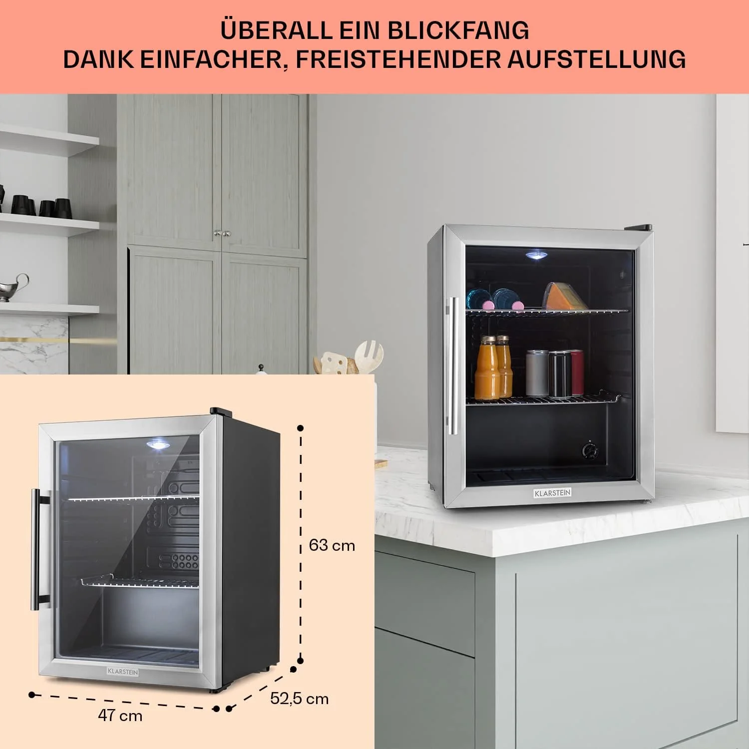 Klarstein Mini Koelkast met Glazen Deur voor Kamer, Drankenkoelkast met Verstelbare Planken, Klein 80 Liter, Indoor/Outdoor Koelkast Stil