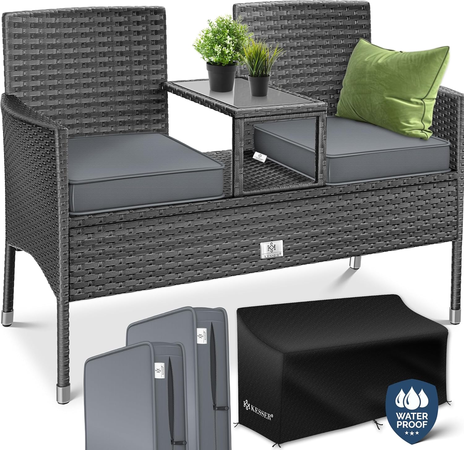 KESSER Polyrattan Gartenbank mit Tisch, 143x63x88cm Gartenbank wetterfest, Balkonbank mit Ablage, 2 Sitzer, Sitzbank Outdoor, Anthrazit