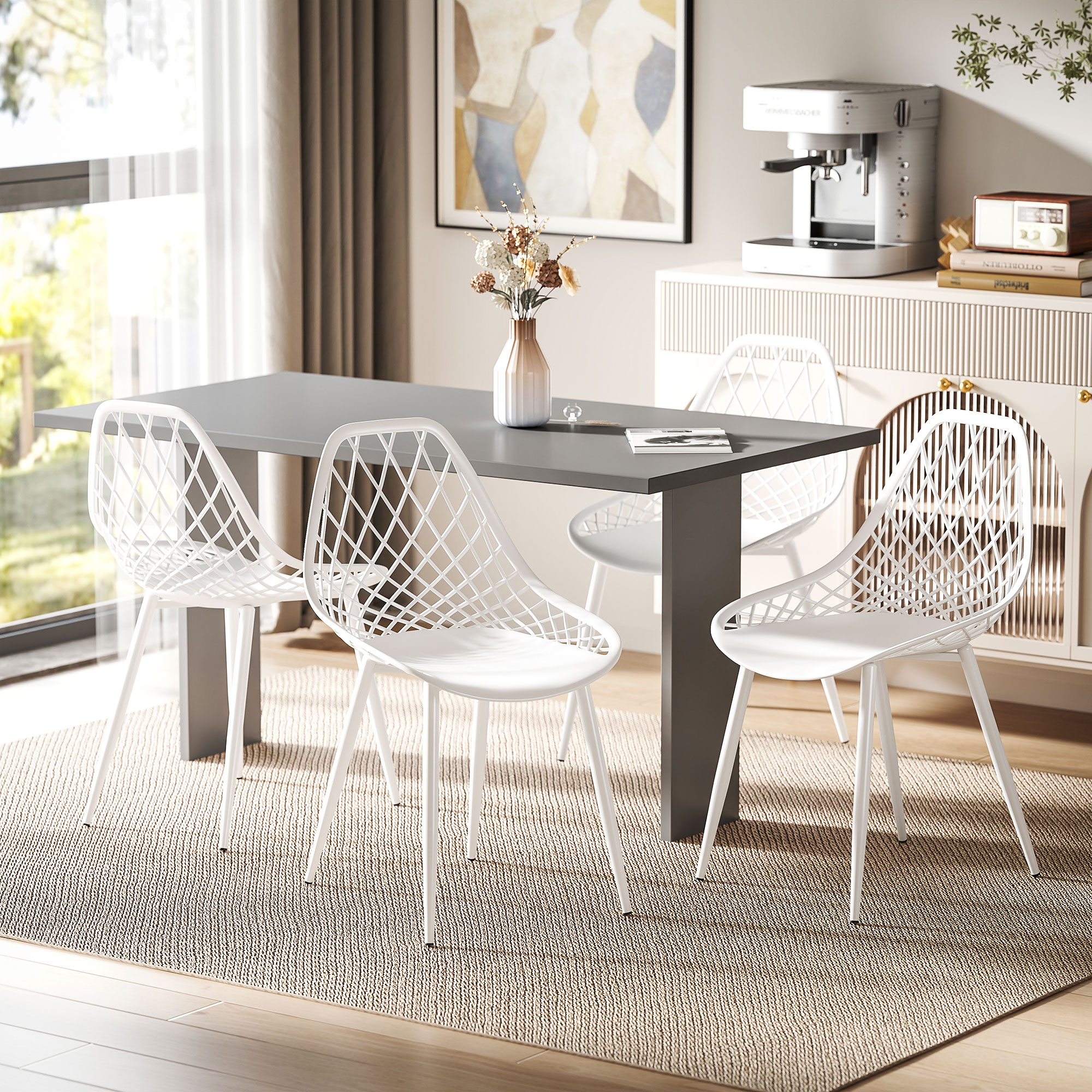 HOMCOM Set 4 Moderne Esszimmerstühle mit durchbrochenem Plastikrücken und Metallbeinen, Weiß
