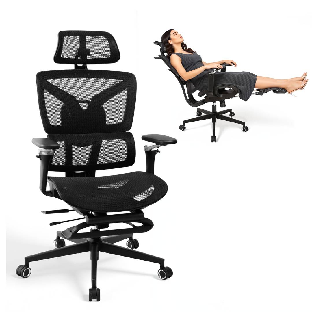 Ergonomischer Bürostuhl für große und schwere Personen mit Fußstütze, 5D-Armlehnen, Lendenstütze und Netz-Rückenlehne in Schwarz