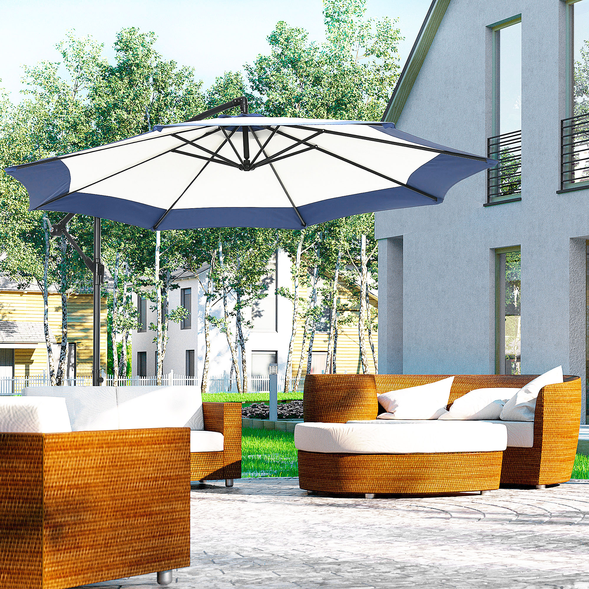 Outsunny Seitlich Versetzter Gartenschirm 3x2 m mit Kurbelmechanismus, Metall und Polyester, Dunkelblau und Creme