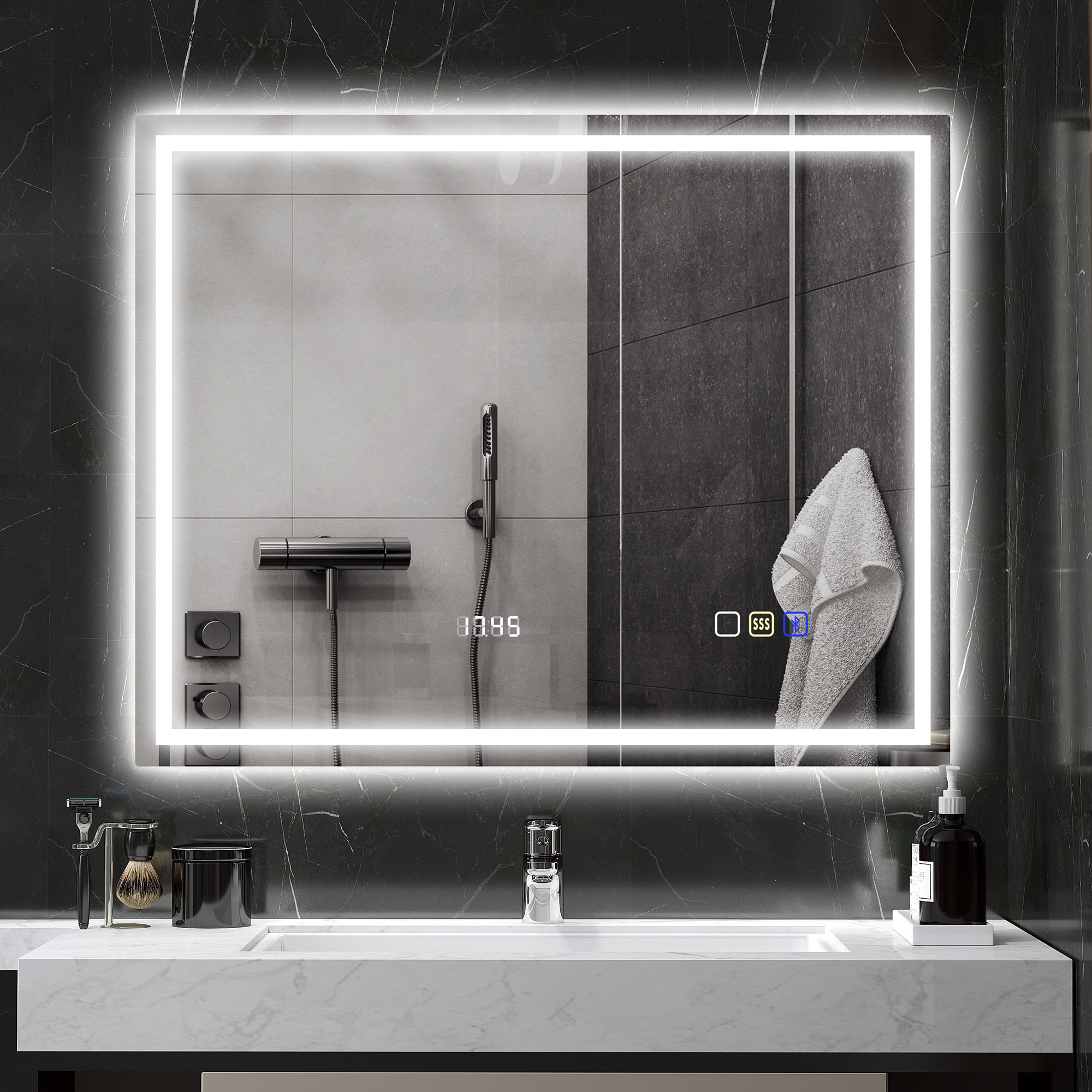 HOMCOM Badezimmerspiegel LED bluetooth 80 x 100 cm Touch-Schalter einstellbare Beleuchtung 3 Farben Anti-Fog Memory Silber