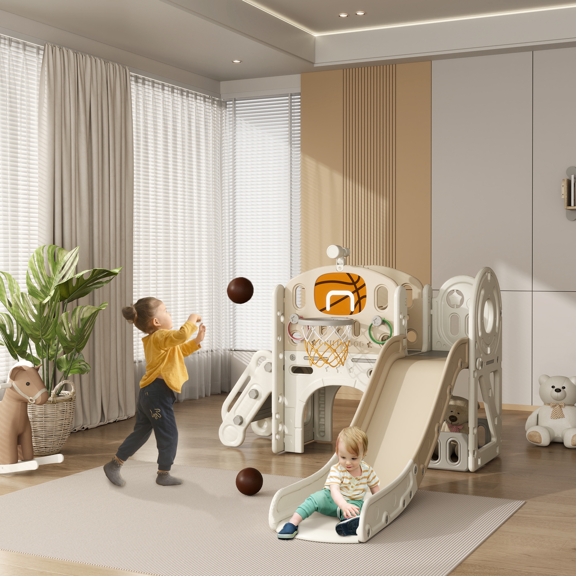 AIYAPLAY Kinder-Spielgerüst, 7-in-1 Rutsche, Indoor Spielplatz mit Stauraum und Krabbeltunnel, 186x153x111 cm, Cremeweiß