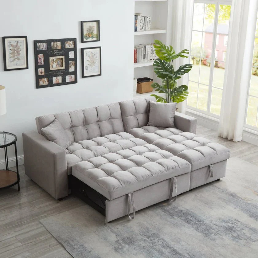 2025 Luxe Velvet Hoekbedbank met Kussen | Rechthoekige Chaise, Uittrekbaar Bed en Opbergruimte C SKU: BT2480B