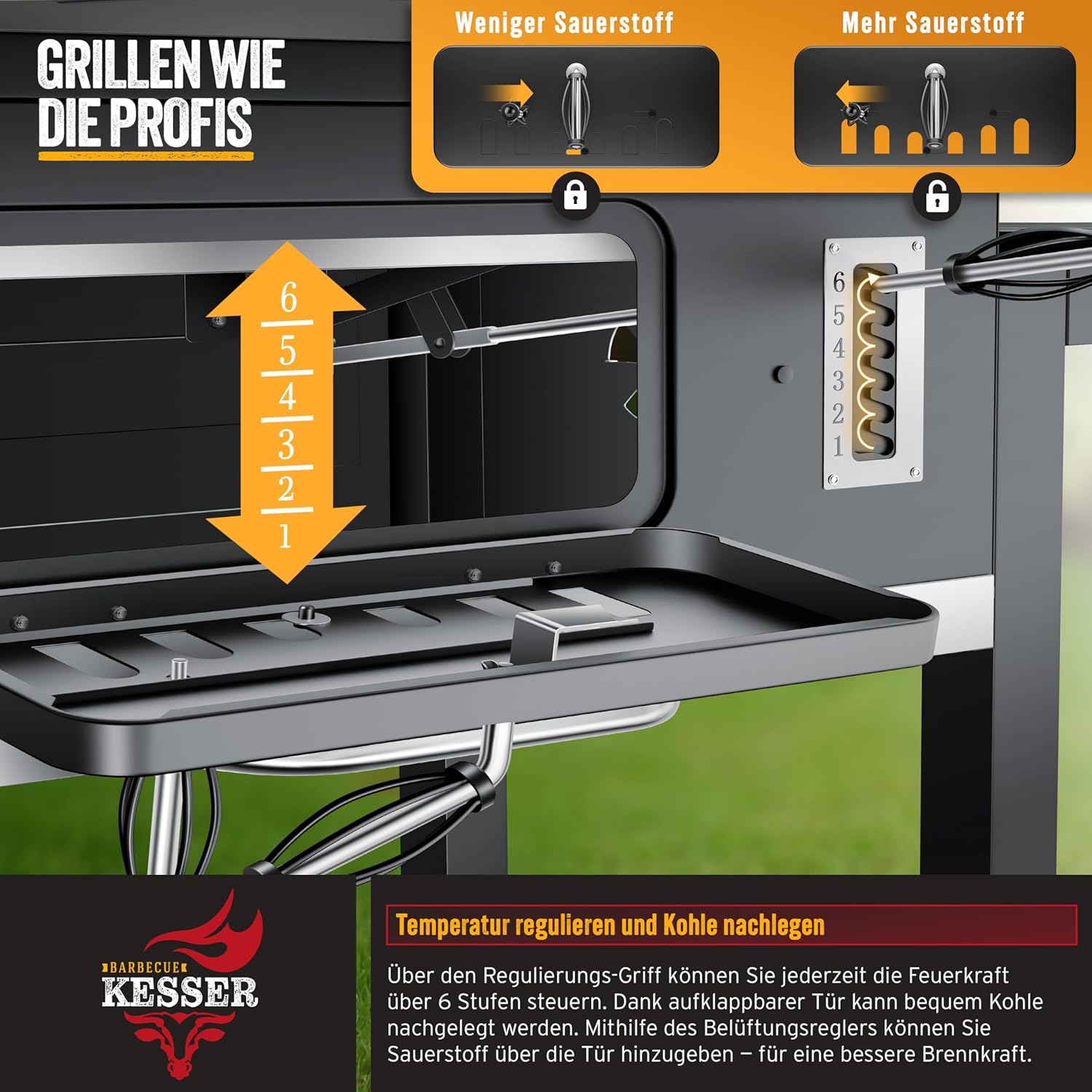 KESSER® Holzkohlegrill XXL Grillwagen Set mit Deckel & Thermometer – großer BBQ Kohlegrill Wagen, Smoker Grill mit Kamin & Lüftung, mit Grillrost, Warmhalterost & Ablage inkl. Haube, Bürste & Pinsel