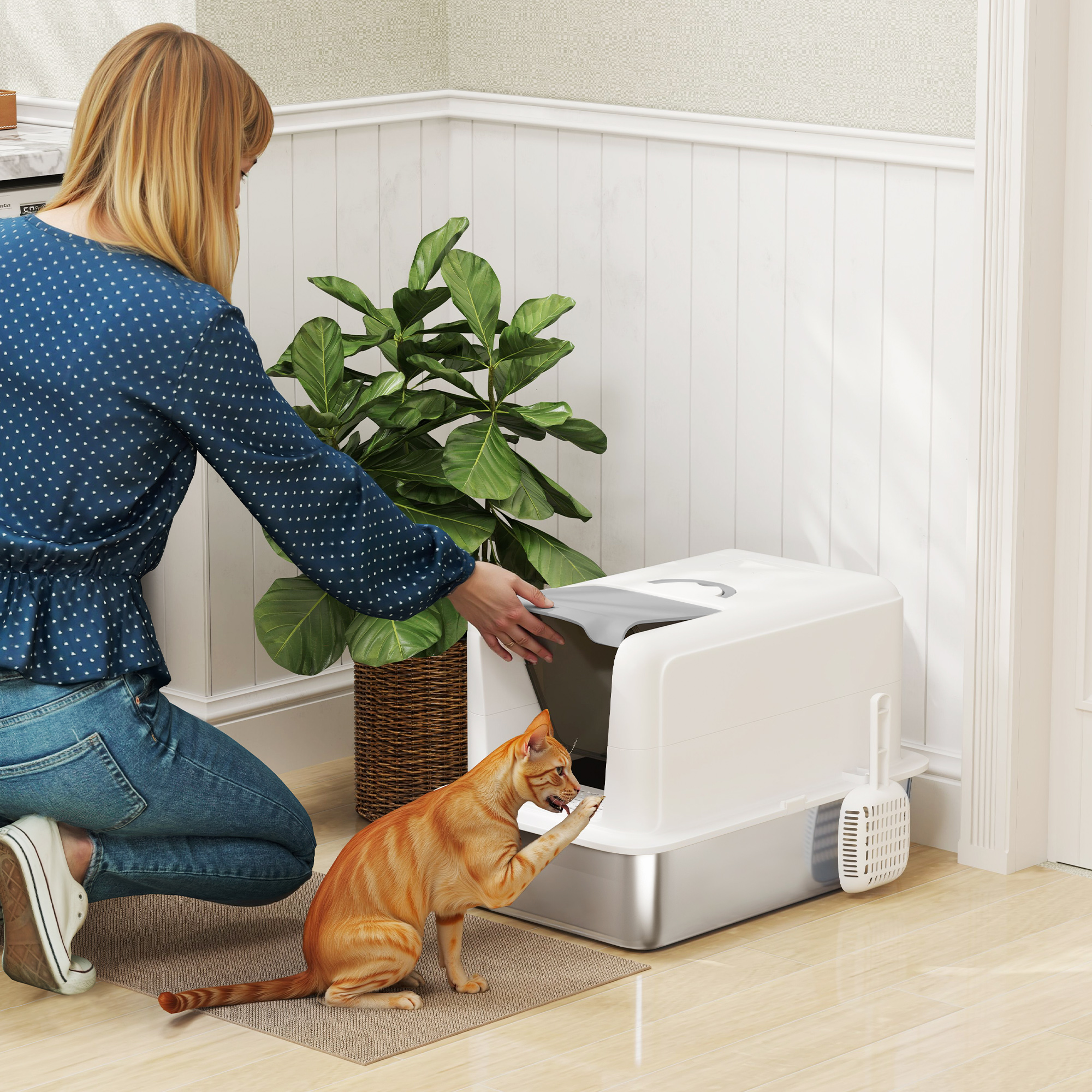 PawHut Katzentoilette, Wanne aus Edelstahl, Filter, Schaufel, für Katzen bis 6 kg, 40,5 x 60,5 x 41,5 cm, Weiß/Silber