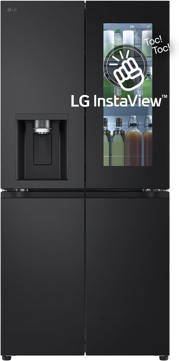 LG GMG960EVJE Instaview Multidoor Refrigerator, 4-Door Refrigerator, Class E, 638l, Water and Ice Dispenser with Uvnano, Wi-fi Connectivity with Thinq App, Folding Shelf, Metal Fresh, Black