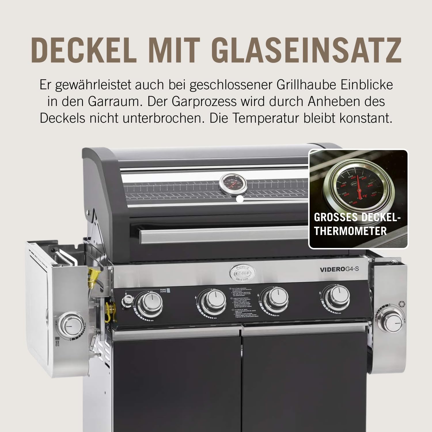 RÖSLE Elektrogrill BBQ-Portable Videro E2-P, tragbarer Tischgrill mit 2 Brennern, Warmhalterost und Deckel mit Glaseinsatz, pulverbeschichteter Stahl, schwarz/silbern