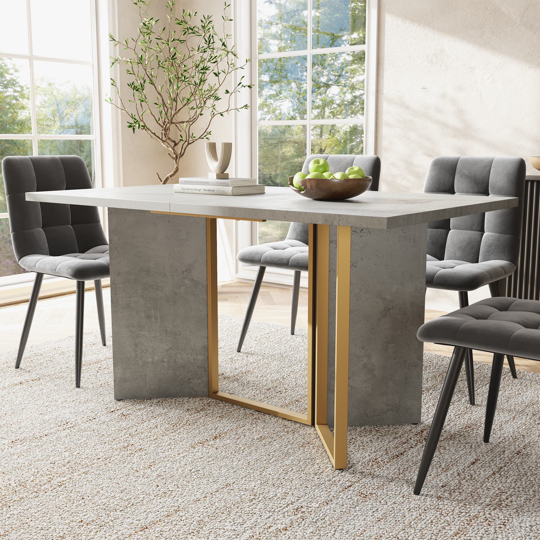 Moderner Esstisch mit Zementoptik, vielseitig für Esszimmer und Wohnzimmer, 119×70×75cm, Gold+Grau