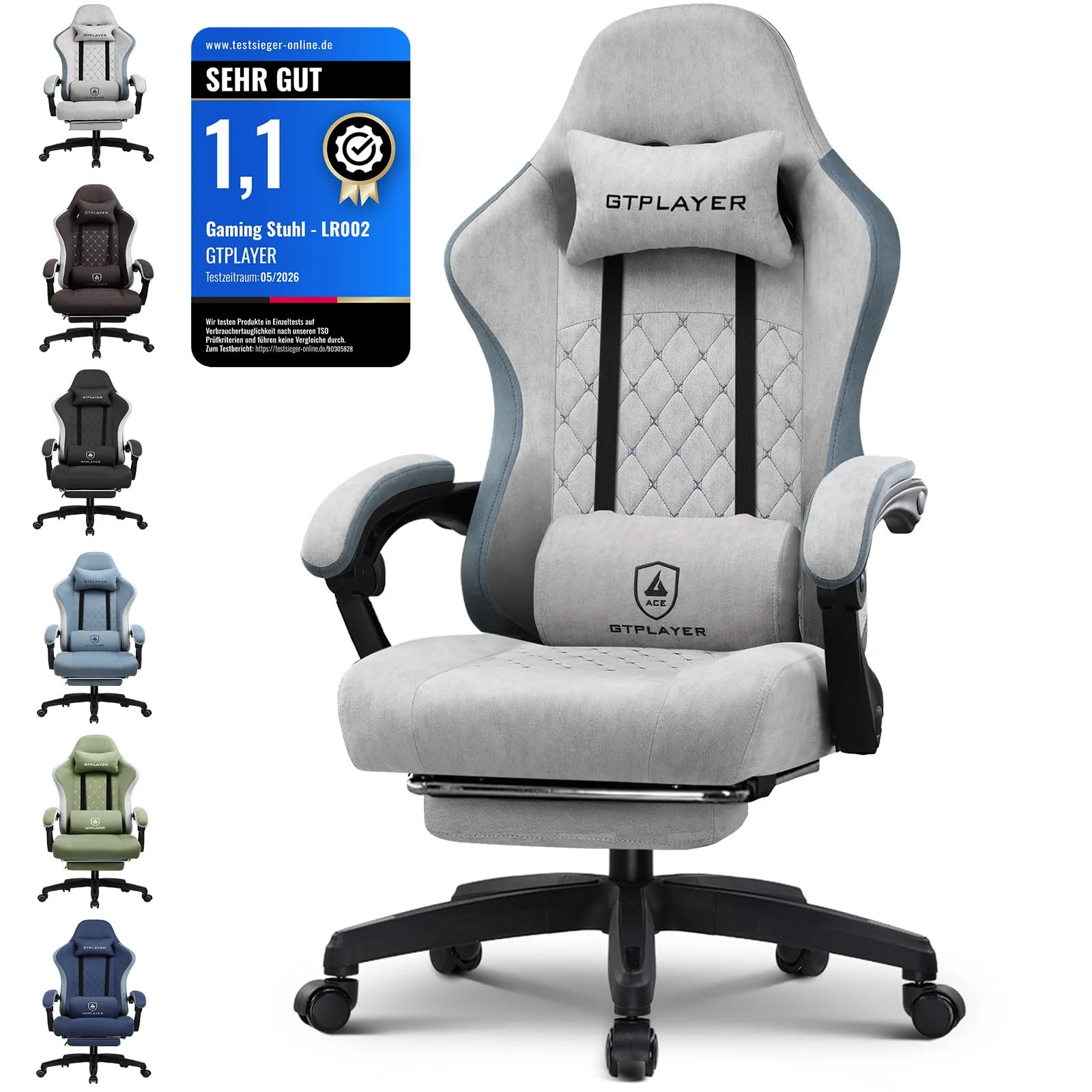 GTPLAYER Gamingstuhl mit Taschenfeder-Sitzkissen, Fußstütze und verstellbarer Rückenlehne
