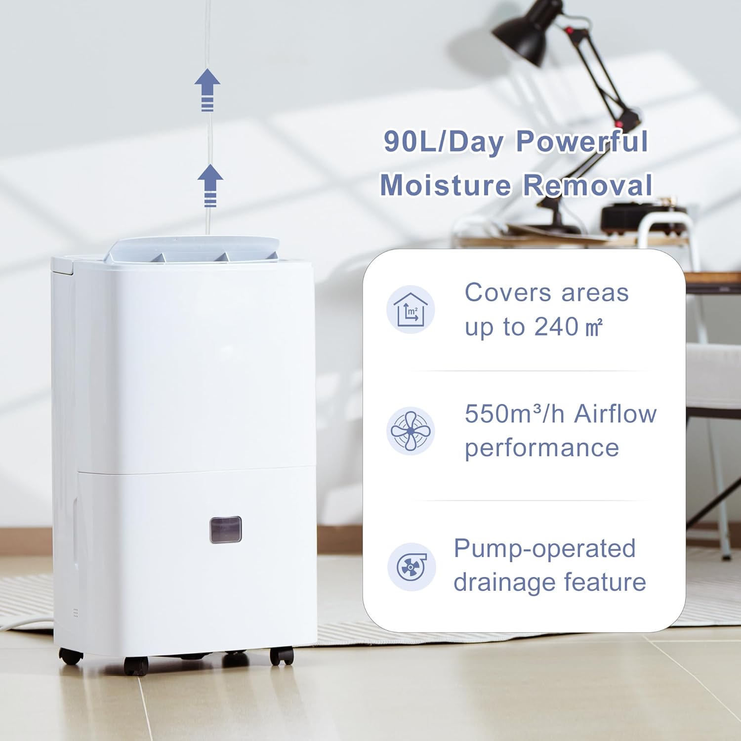 Deumidificatore Portatile Elettrico Professionale: Pompe Acqua 5M 90L/Giorno 240㎡ Silenzioso 43dB per Anti-Muffa Casa Ufficio Garage Cantina Grandi Spazi Umidi Famiglie