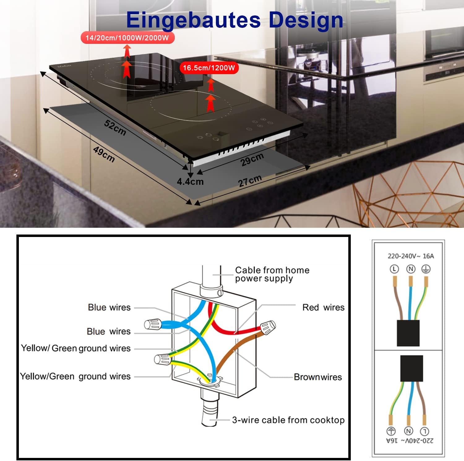 Glaskeramikkochfeld 4 Zonen Kochfelder Sensor-touch Control Kochfeld Autark 60cm, 6000W, 9 Leistungsstufe, verkabelt, kein Stecker