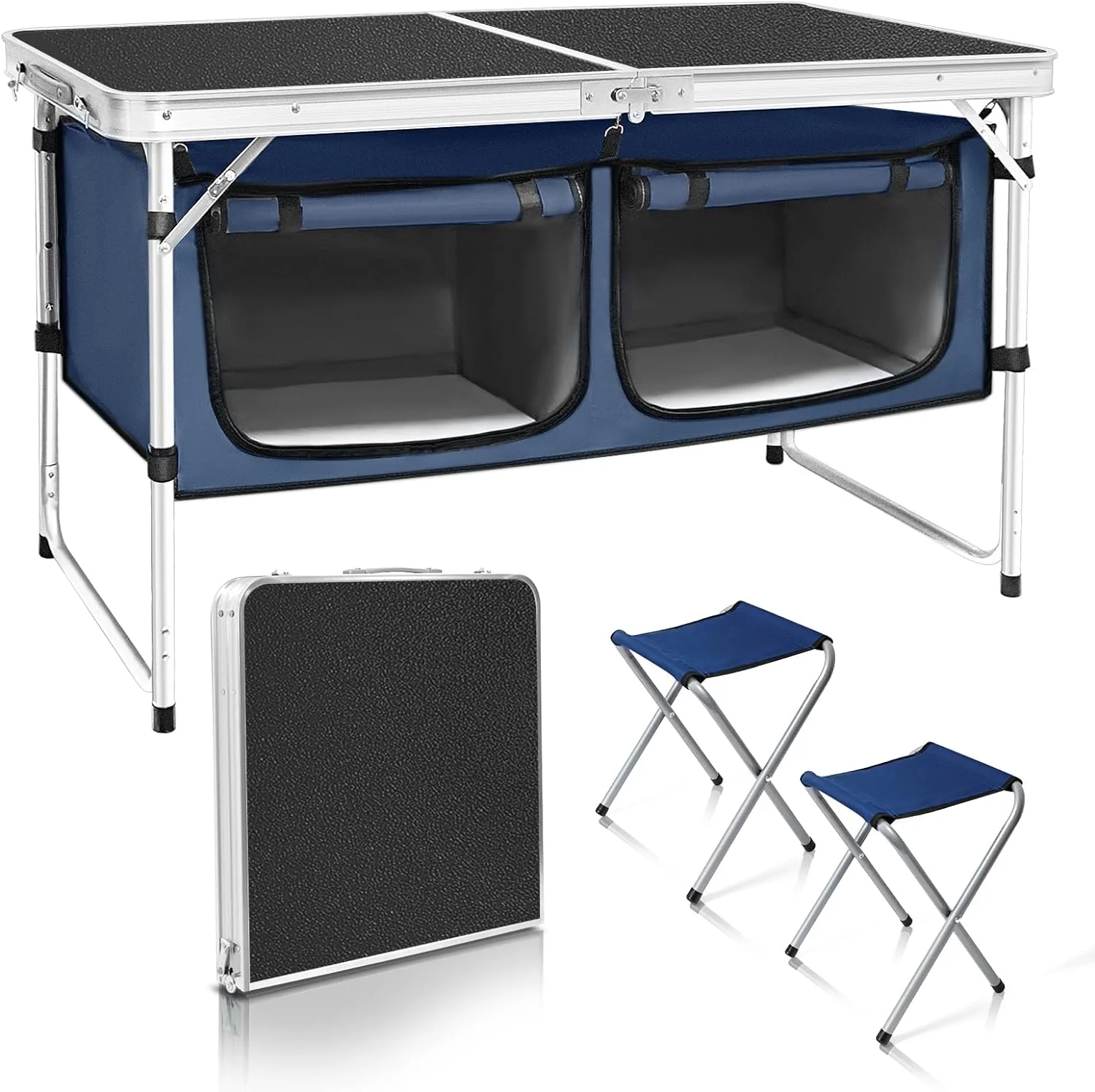 Outdoor Folding Table Aluminum Lightweight Height Adjustable with Storage Organizer for BBQ, Party, Camping