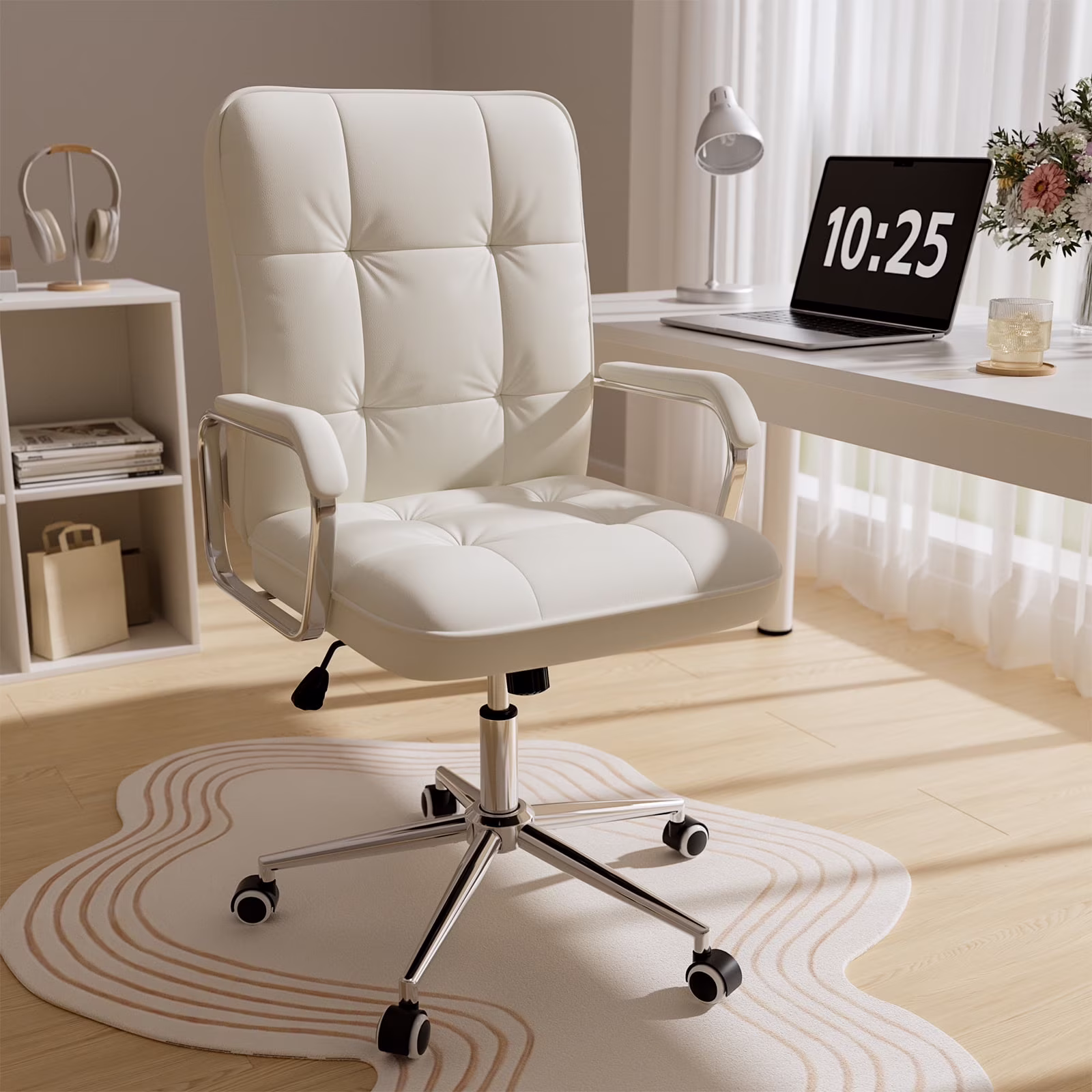 Solfway White Office Chair, Swivel Leather Computer Desk Chair with Wheels and Padded Arms, Executive Office Chair for Adults