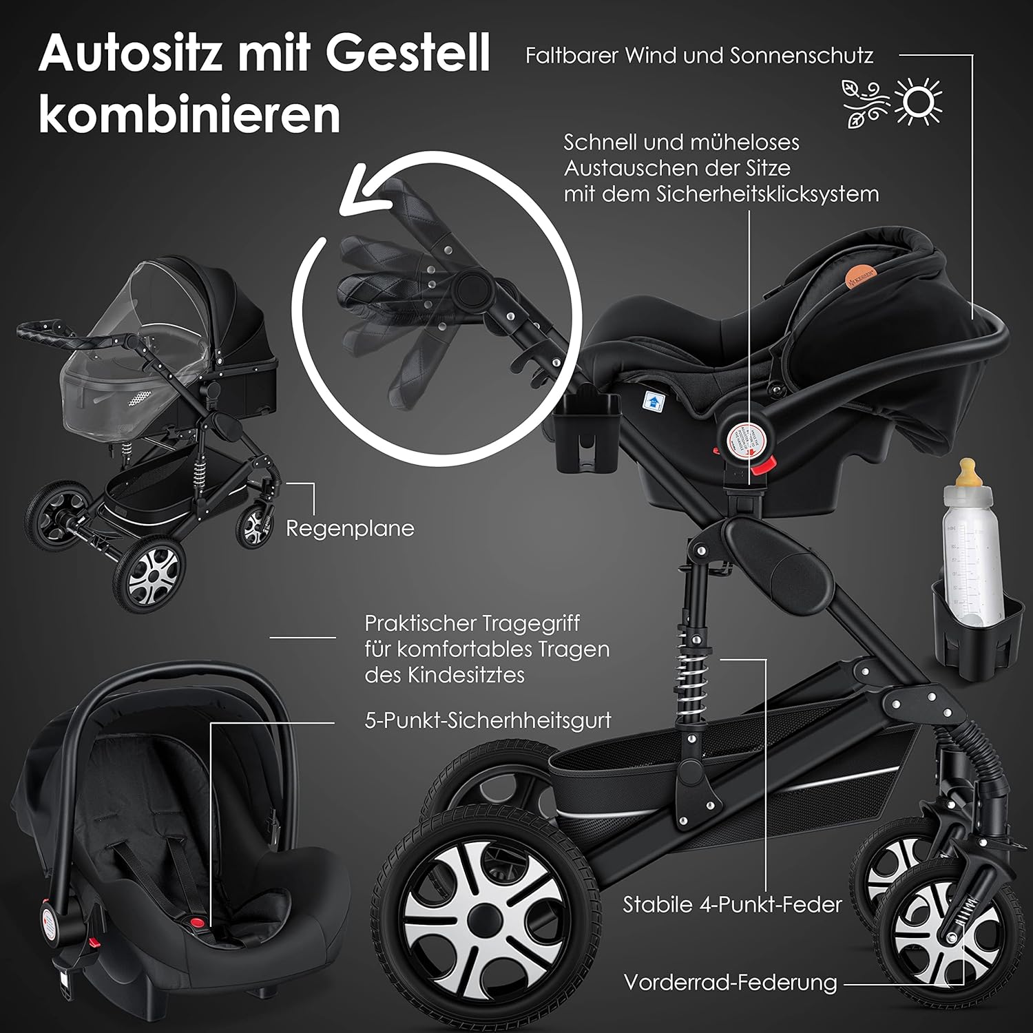 KESSER® Loops 3 in 1 Kinderwagen Kombikinderwagen Komplett-Set inkl. Babywanne & Buggy Sportsitz & Auto-Babyschale Voll-Gummireifen Wickeltasche Regenschutz Kindertisch ECE R129, Schwarz/Schwarz