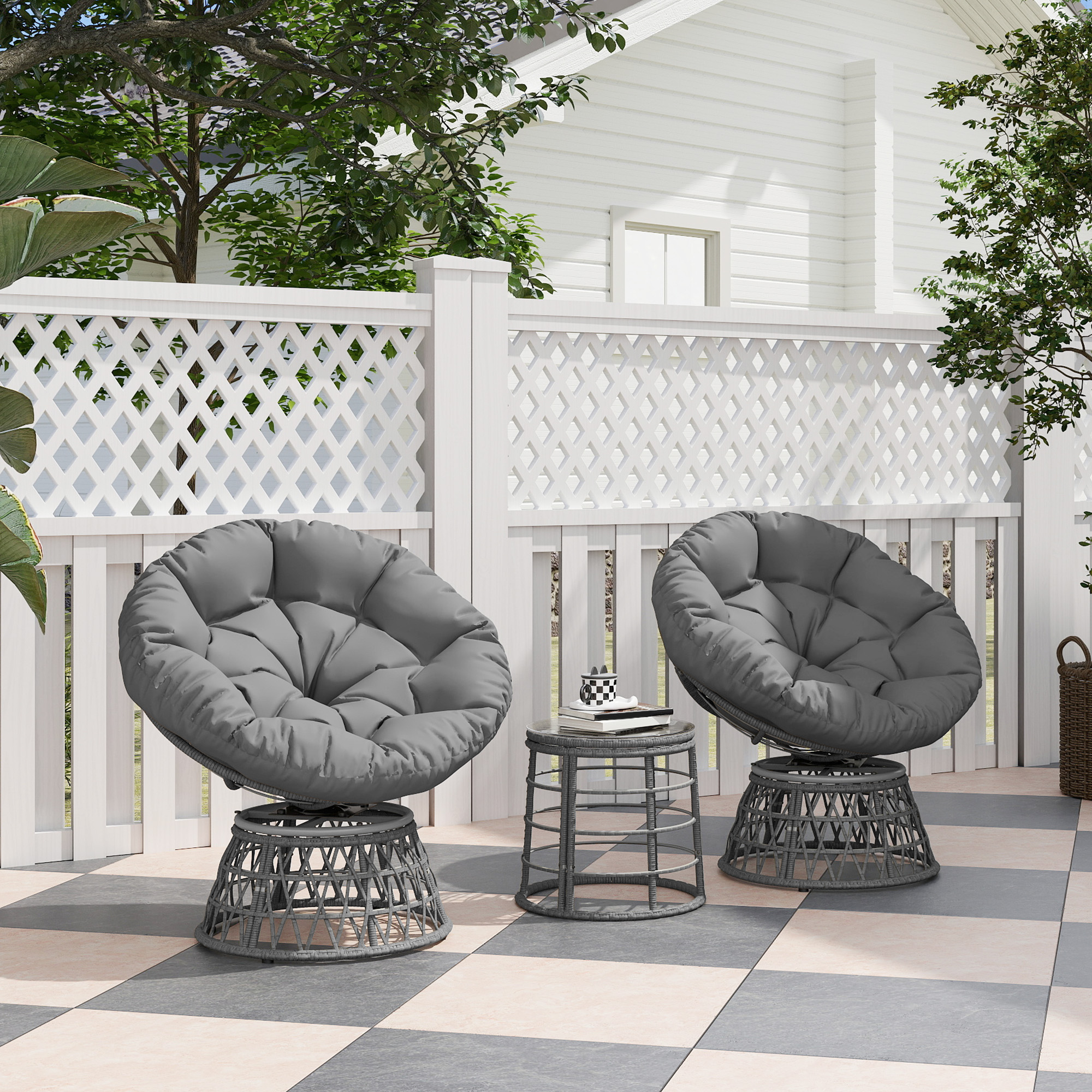 Outsunny Gartenmöbelset 3-teilig mit 2 drehbaren Papasan-Sesseln und 1 rundem Couchtisch aus Polyester-Rattan-Geflecht