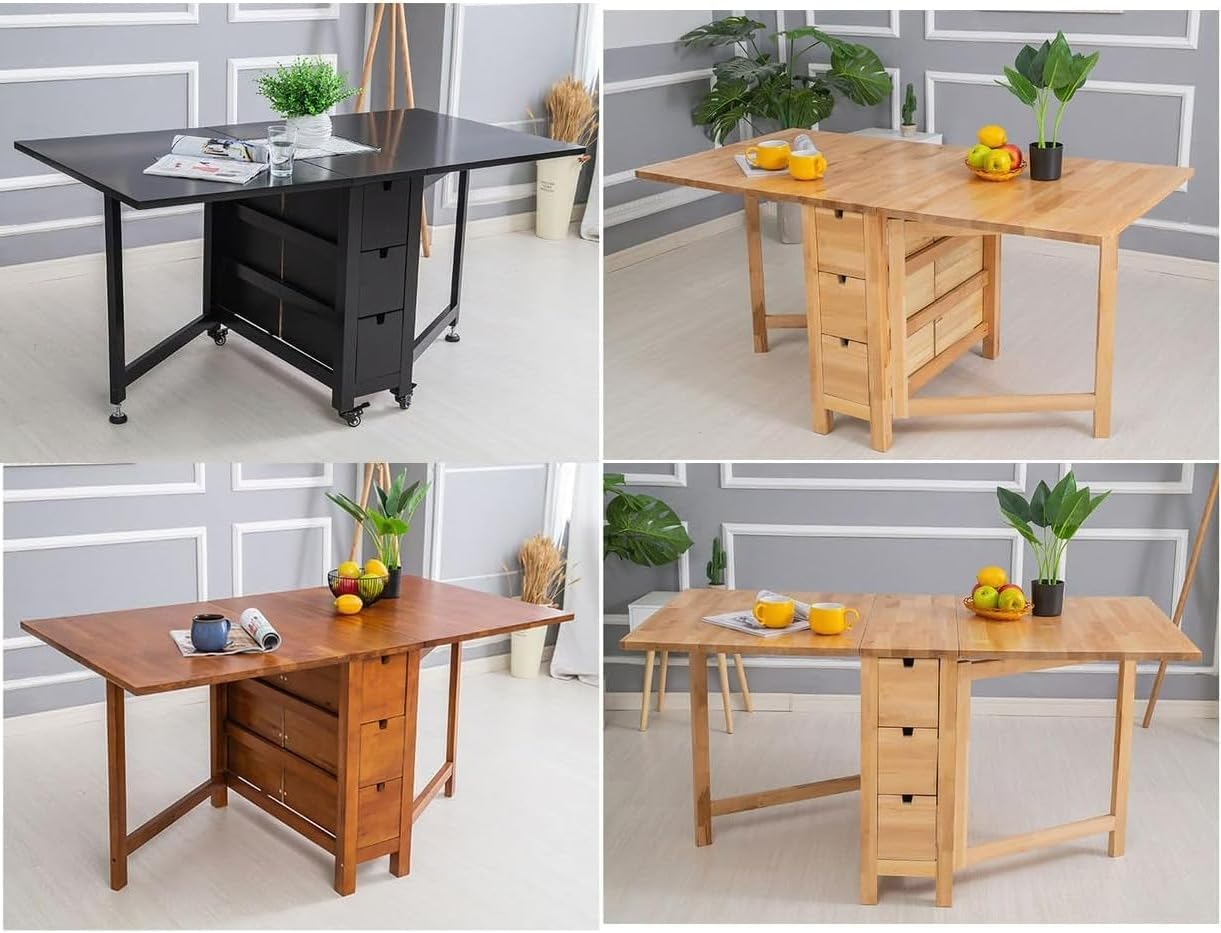 Tavolo da pranzo pieghevole in legno massello con ruote, set da cucina con 1 tavolo e 8 sedie, ideale per riunioni di famiglia e piccoli spazi, design salvaspazio