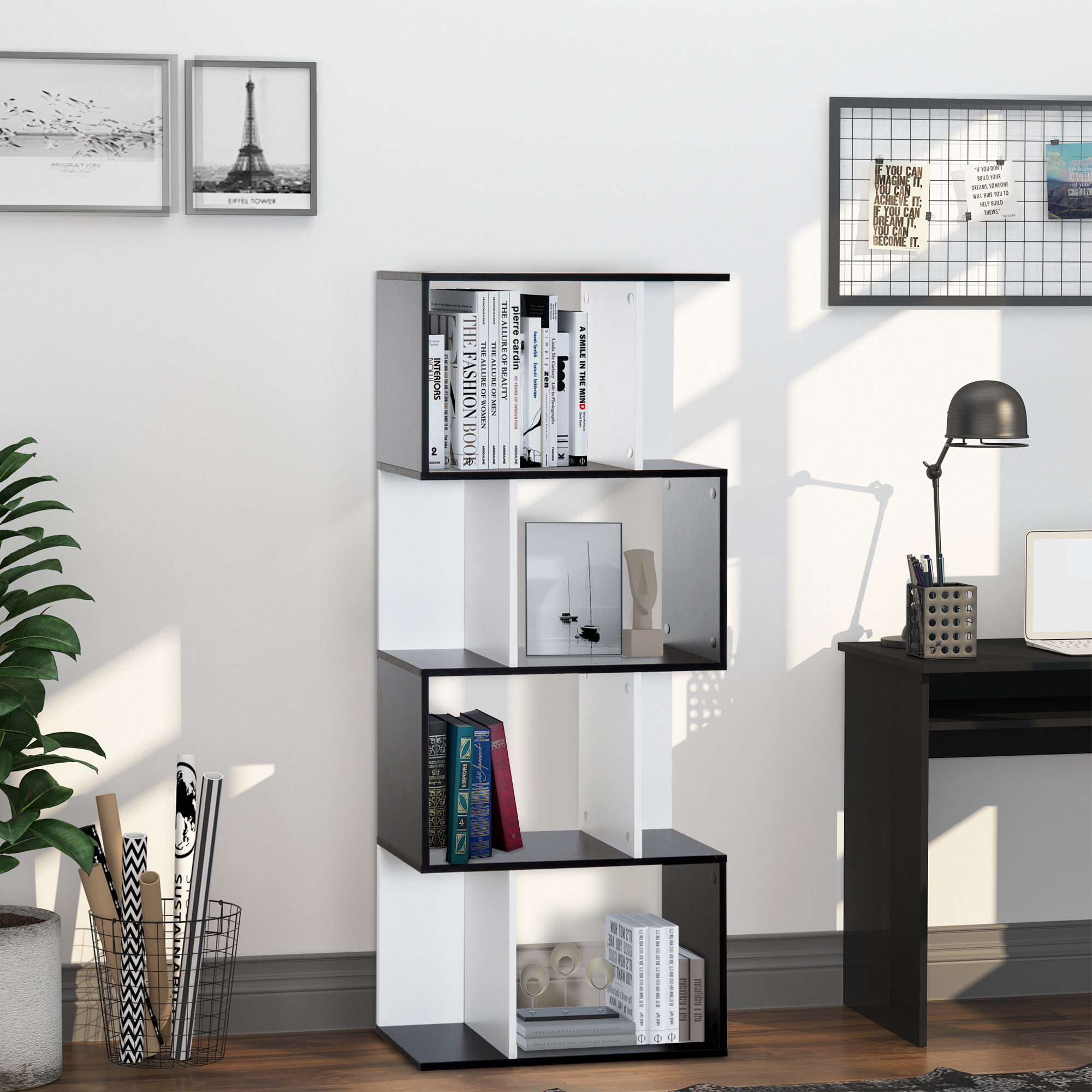 HOMCOM  Bücherregal S-förmiges Standregal Lagerregal 4-stufige Vitrine mit Hardware-Schnalle moderner Raumteiler Spanplatte Schwarz+Weiß 60 x 24 x 148 cm