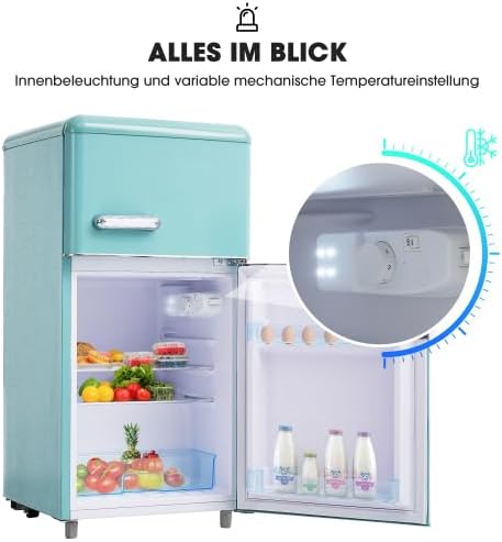Merax Retro Kühlschrank mit Gefrierfach – 72L Mini Kühlschrank, 21L Gefrierfach, 120 kWh/Jahr, Energieklasse E, LED-Licht, Cyan – Ideal für kleine Haushalte