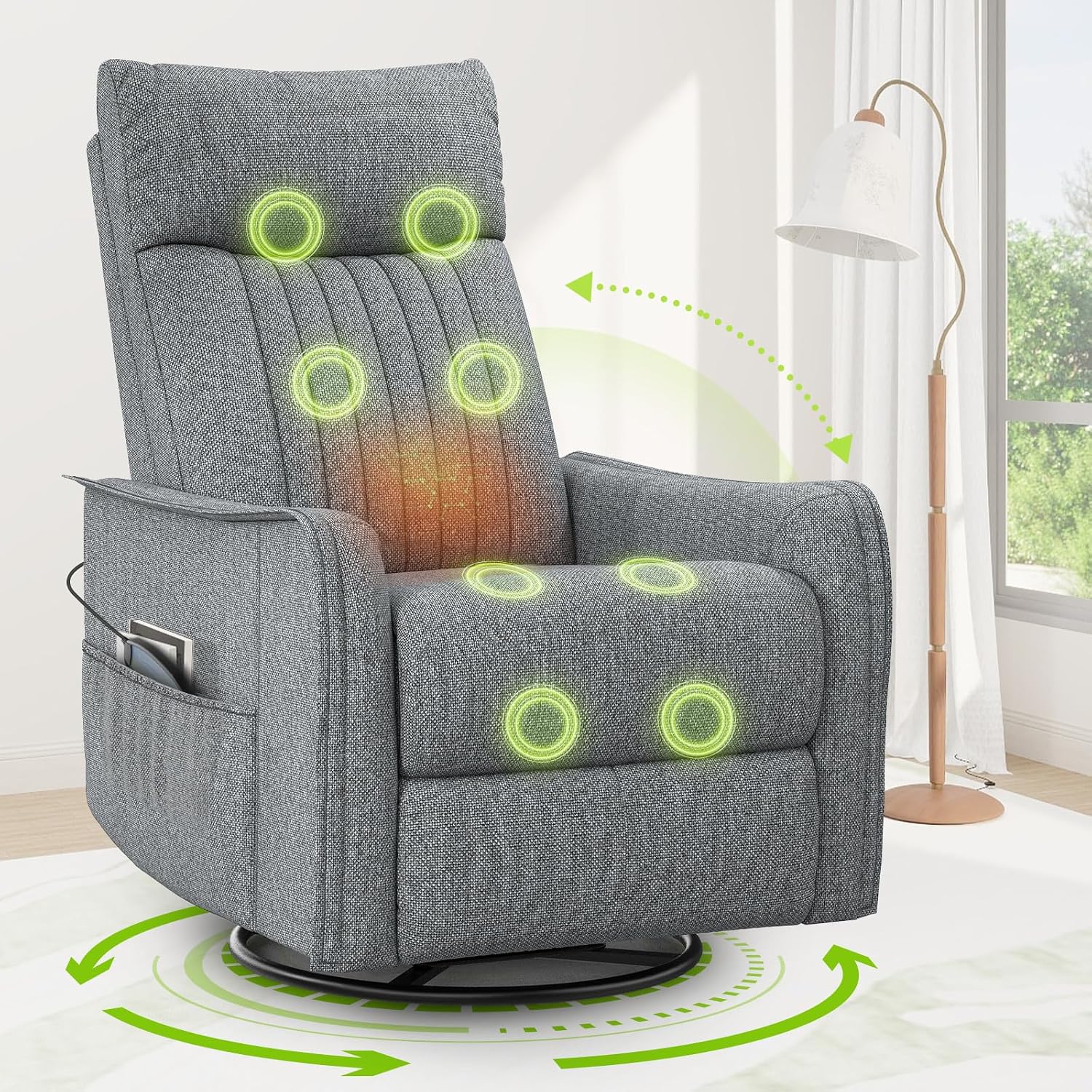 Fernsehsessel Massagesessel mit Liegefunktion, 360°Drehbarer TV Sessel Wohnzimmer, Relaxsessel mit Wärme und Massage, 2 Seitentaschen