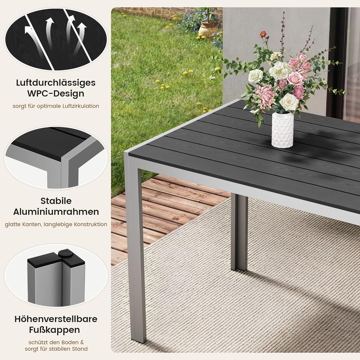 Amopatio Gartentisch Wetterfest 110×70 cm, WPC Balkontisch Aluminium, Rechteckiger Terrassentisch UV-beständig Gartenmöbel für Garten & Outdoor, Moderner Esstisch Grau-Schwarz