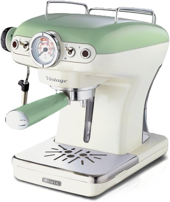 Ariete 1389 Macchina da Caffè Espresso di Design - per Polvere e cialde ESE - filtro 1 e 2 tazze - Montalatte - 850 Watt - Linea Vintage - Beige