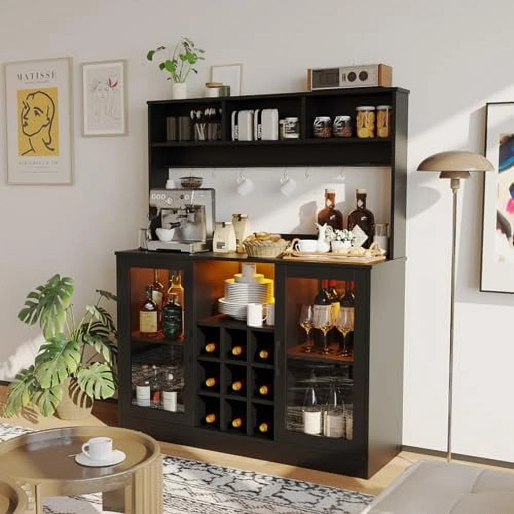 Juiluna Coffee Bar Cabinet Wine Bar Cabinet with Power Outlet, 6 Hooks,9 Wink Racks and Adjustable Shelf, Liquor Cabinet Bar with LED Light, Buffet Sideboard with Storage Shelf for Kitchen, Black