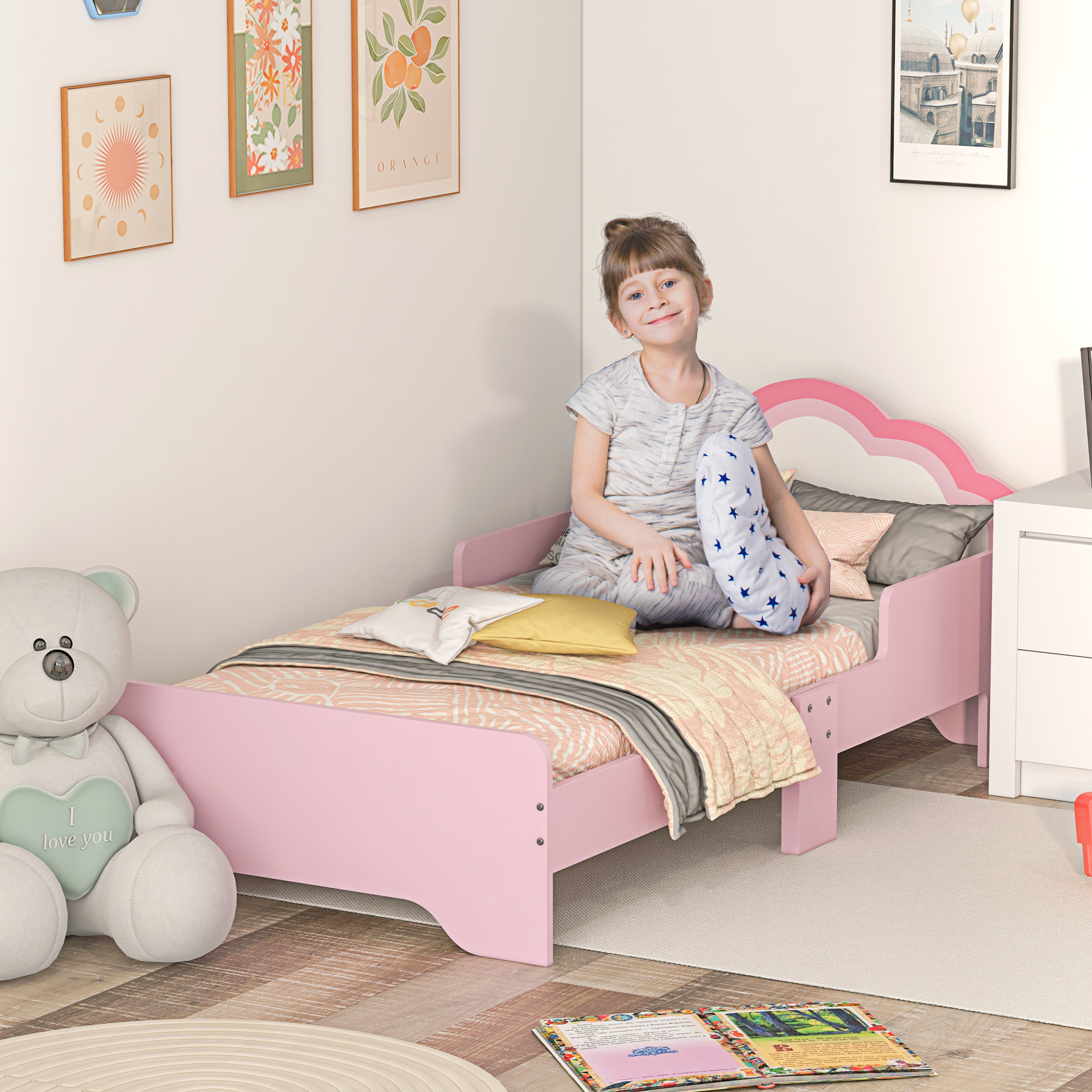 ZONEKIZ Kinderbett für 3-6 Jahre 143 x 74 x 55 cm Wolken-Design Lattenrost inklusive modernes Kinderzimmer rosa