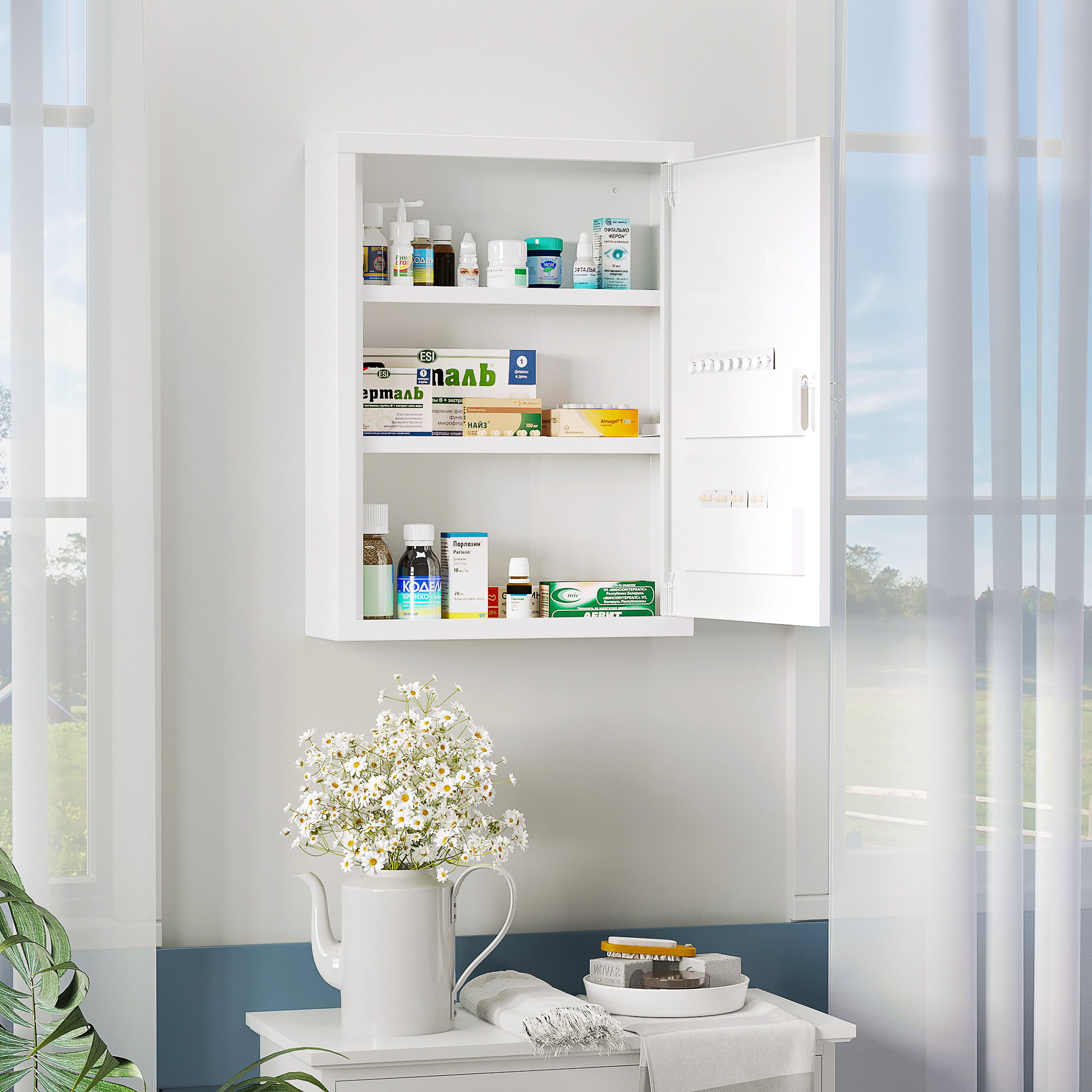 kleankin Medicijnkast, 3 Compartimenten, Afsluitbaar, met Receptenvak, Stevig Stalen Behuizing, Wit, 40 x 15 x 53,5 cm