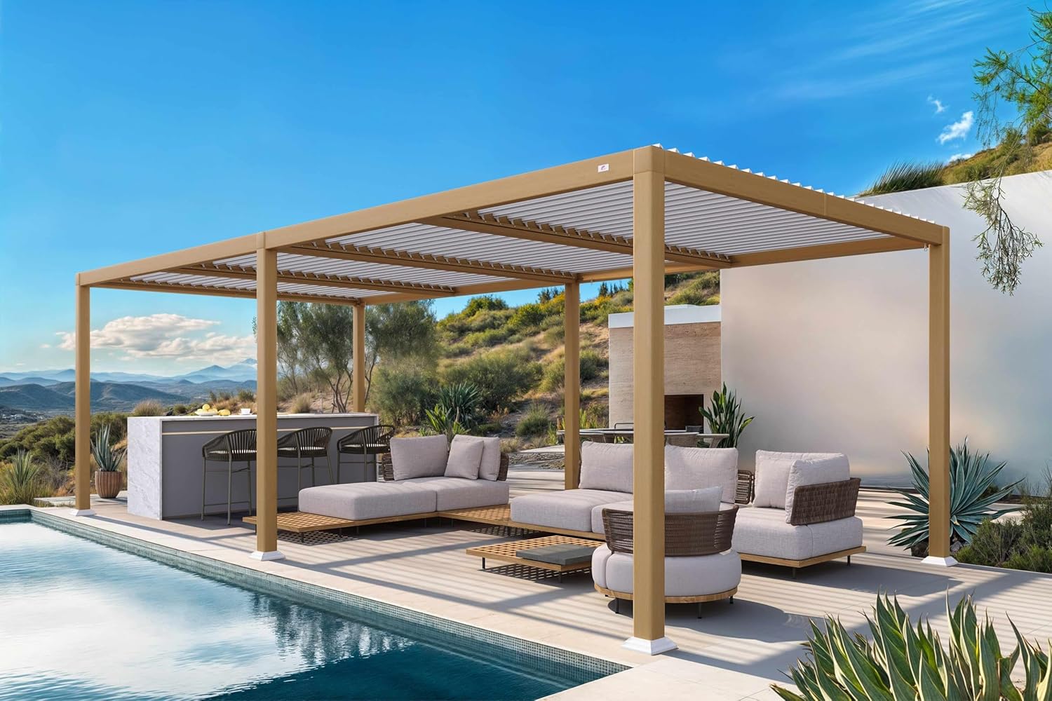 PURPLE LEAF Bioclimatic Pergola Wood Effect Aluminium 3.5 x 8.5 m, Waterproof Outdoor Garden Gazebo with Adjustable Blades, Pergola for Patio, Garden and Carport, Wooden