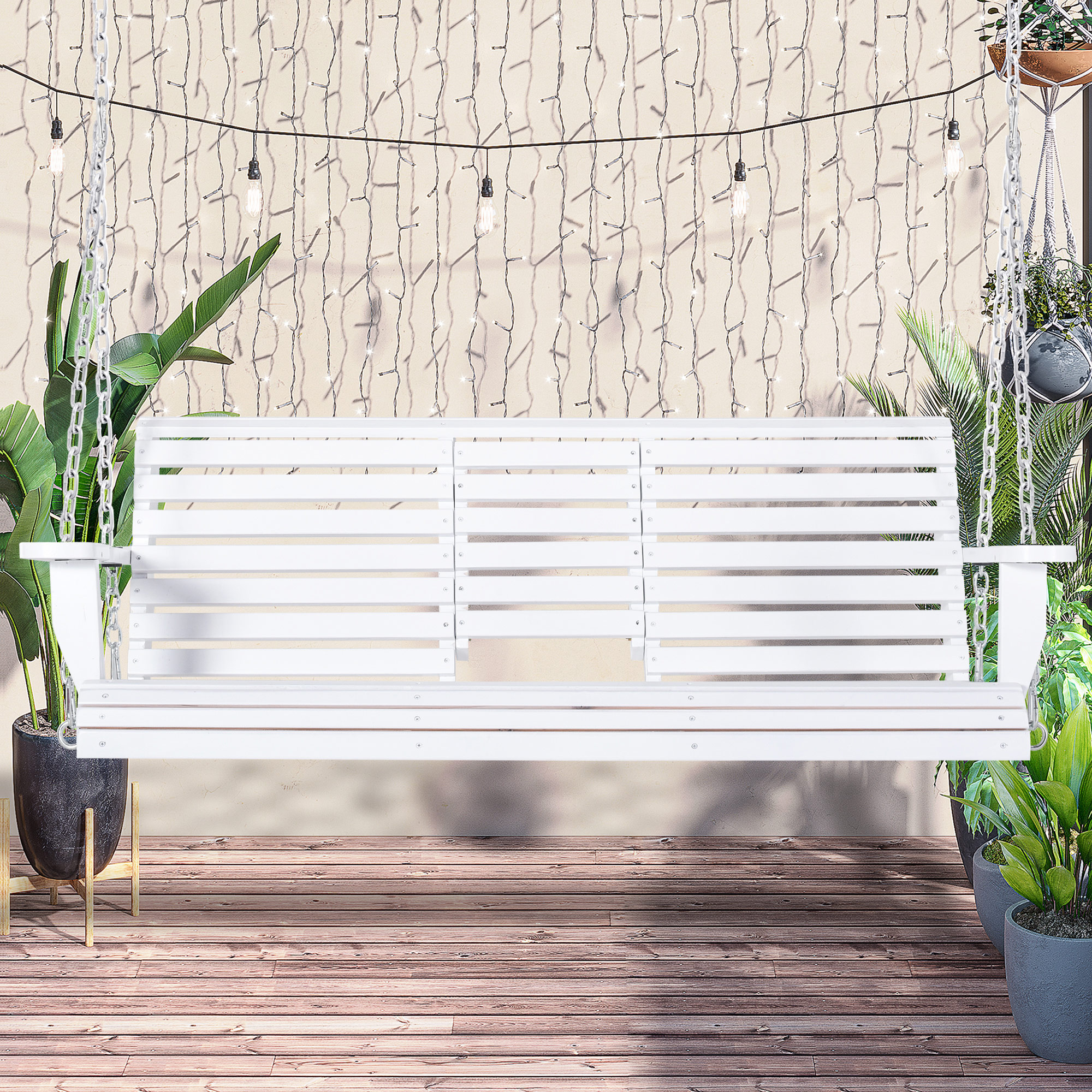Outsunny Hängebank mit Klapptisch und Becherhaltern Naturholz 150 x 75 x 53cm