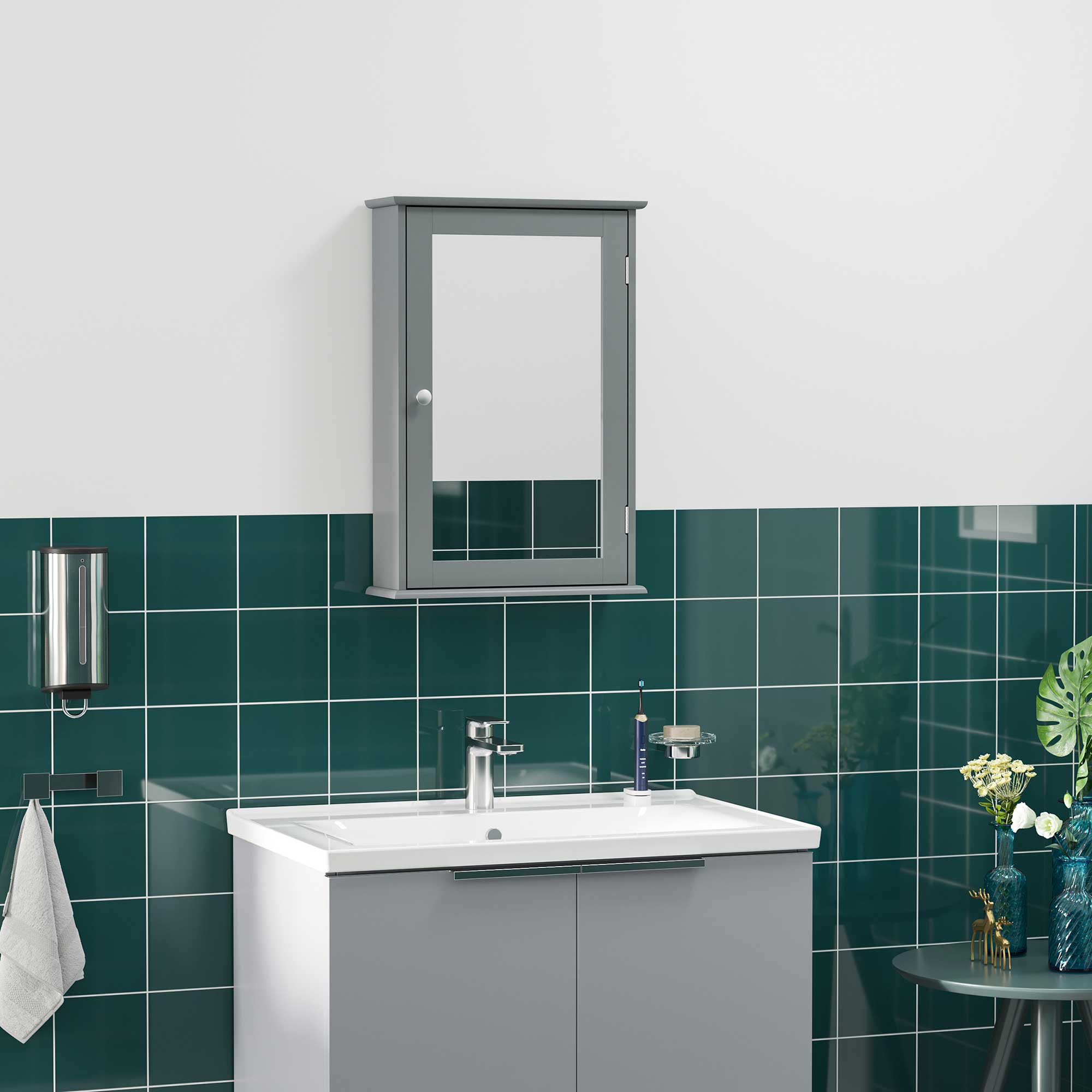 kleankin Wandschrank für Badezimmer mit Spiegel - Toilettenaufbewahrungsschrank - 1 Tür, 2 Regale - Glas und Holz Grau