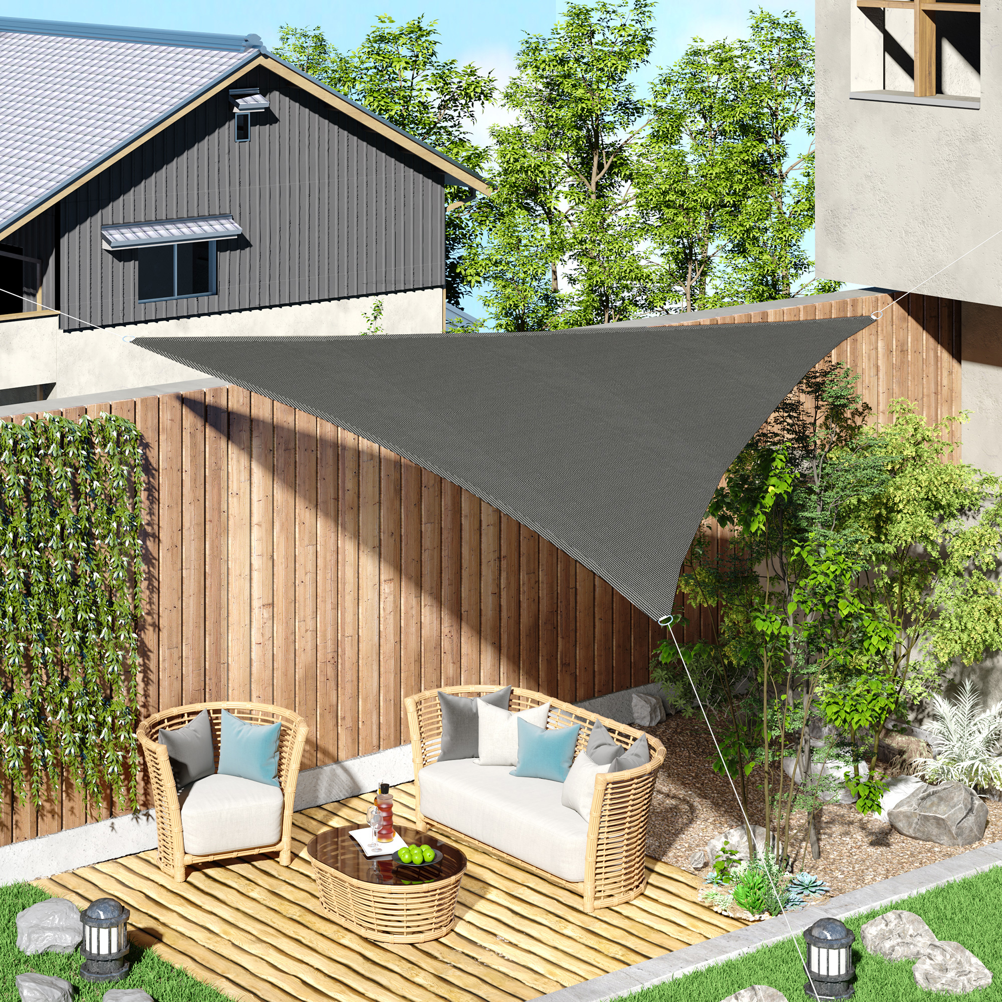 Outsunny Sonnensegel Dreieckig Groß 5 x 5 x 5 m Hochdichtes Polyethylen HDPE UV-beständig Grau