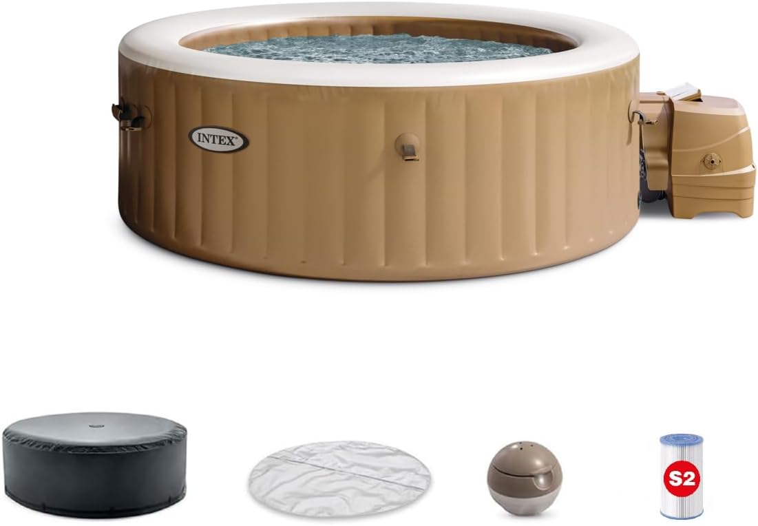 INTEX 28425EH PureSpa Bubble Massage Spa Set Outdoor Inflatable Portable Hot Tub  Includes Energy Efficient Spa Cover  Saltwater System Ready  4 Person  77in x 28in