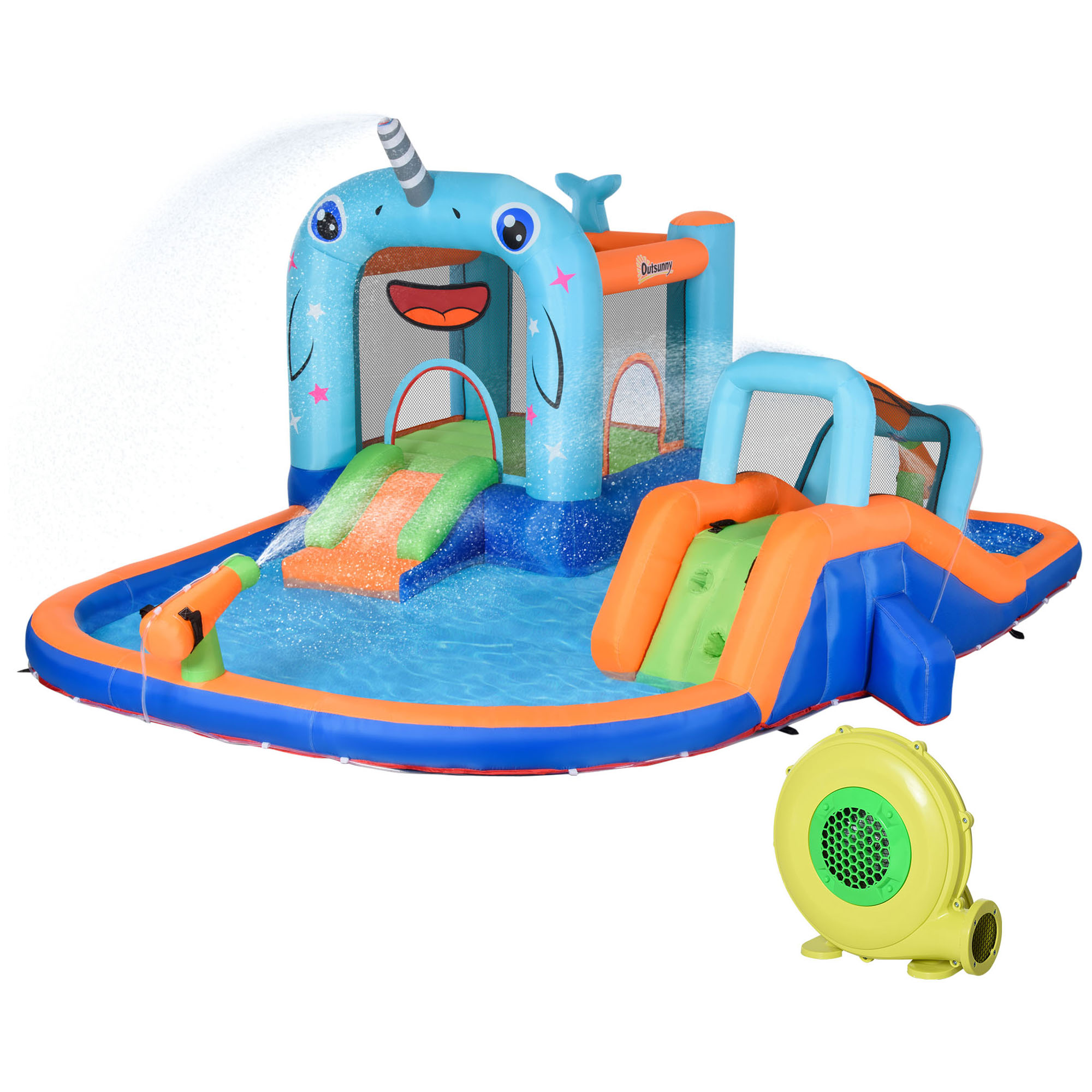 Outsunny Aufblasbares Schloss Spielplatz mit Rutsche Trampolin Pool mit Gebläse 420 x 370 x 230 cm bunt