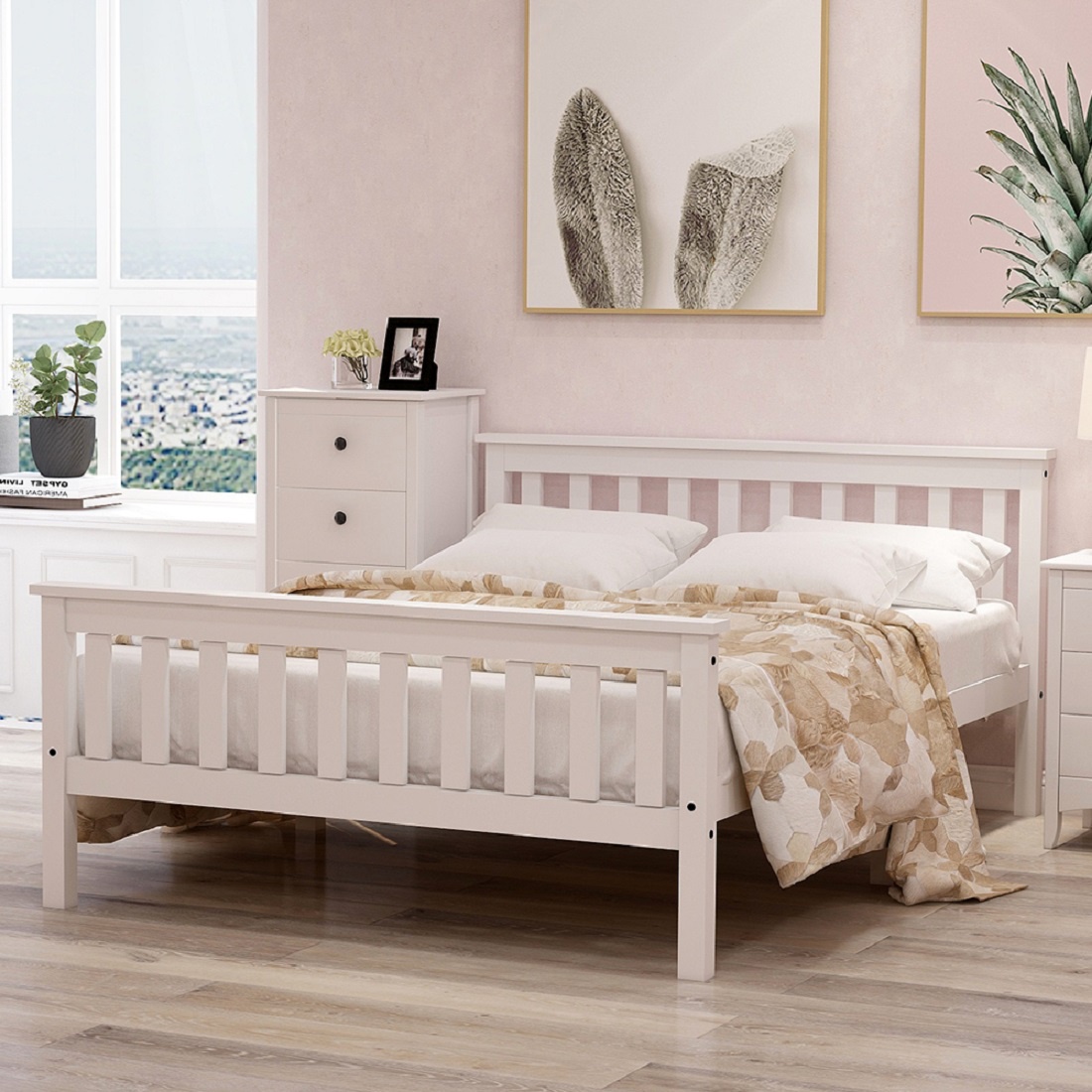 Doppelbett 140x200 mit Stauraum und Lattenros, Modernes Bettgestell für Erwachsene und Jugendliche, Weiß