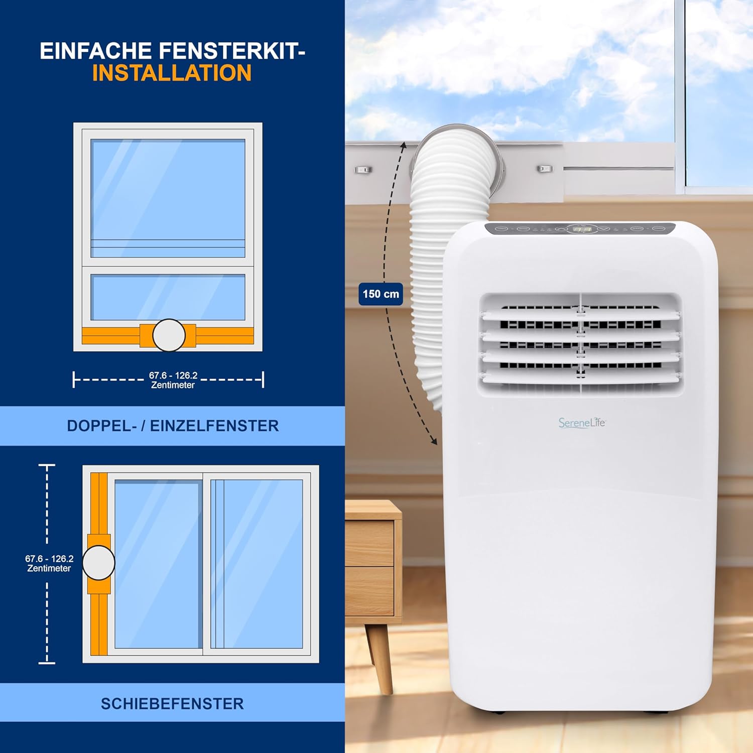 SereneLife Klimaanlage mobil, 3-in-1 mobiles Klimagert mit Abluftschlauch - Luftkühler, Luftentfeuchter & Ventilator, air conditioner 9.000 BTU, 1,5 L Feuchtigkeit/Stunde, kühlt Rume bis 42 m