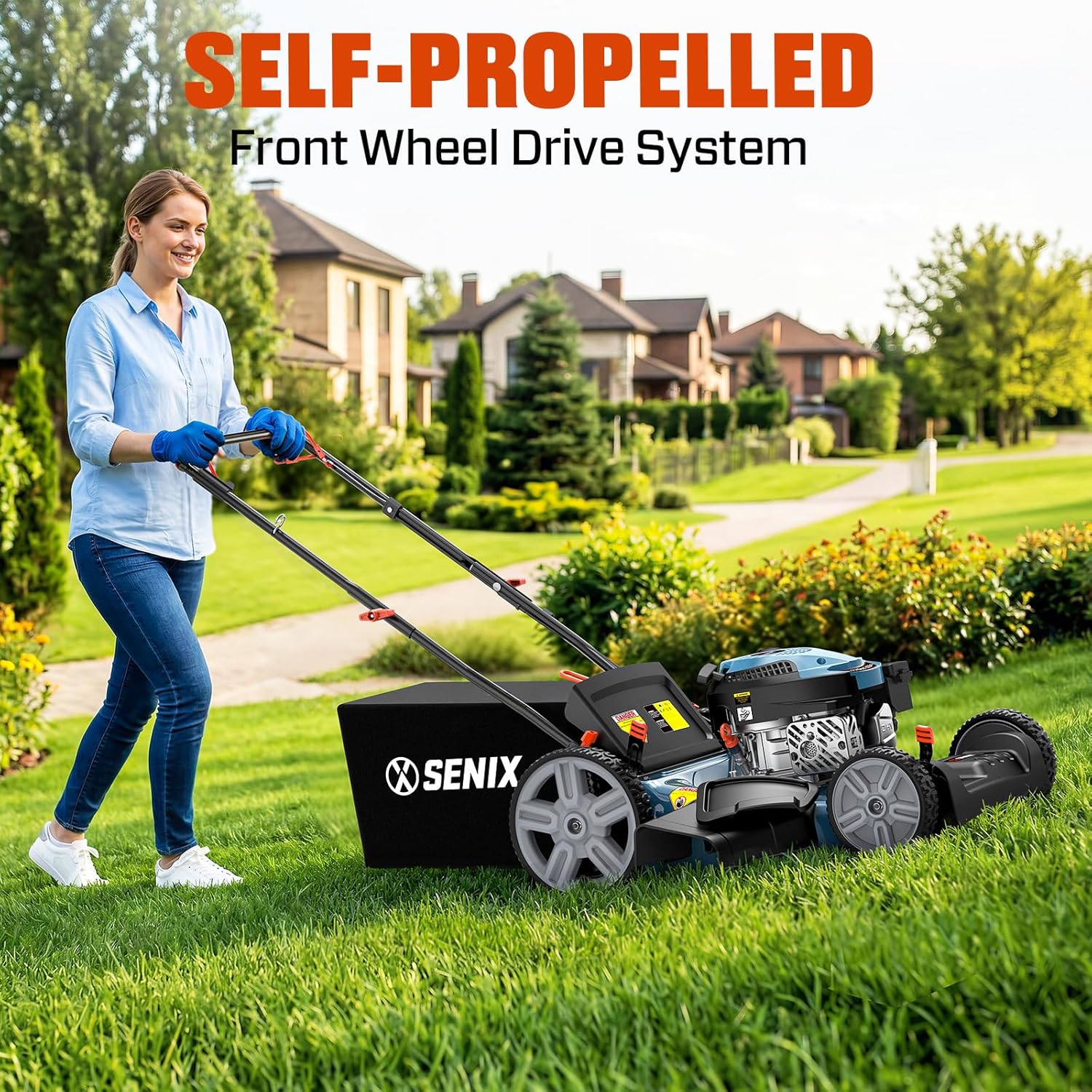 SENIX 21'' Self-Propelled Gas Lawn Mower (FWD)  170 cc 4-Cycle Engine 3.8 HP  3-in-1 (Bagging/Mulching/Side Discharge)  6-Position Cutting Height Adjustment  1.7 Bushels Grass Bag