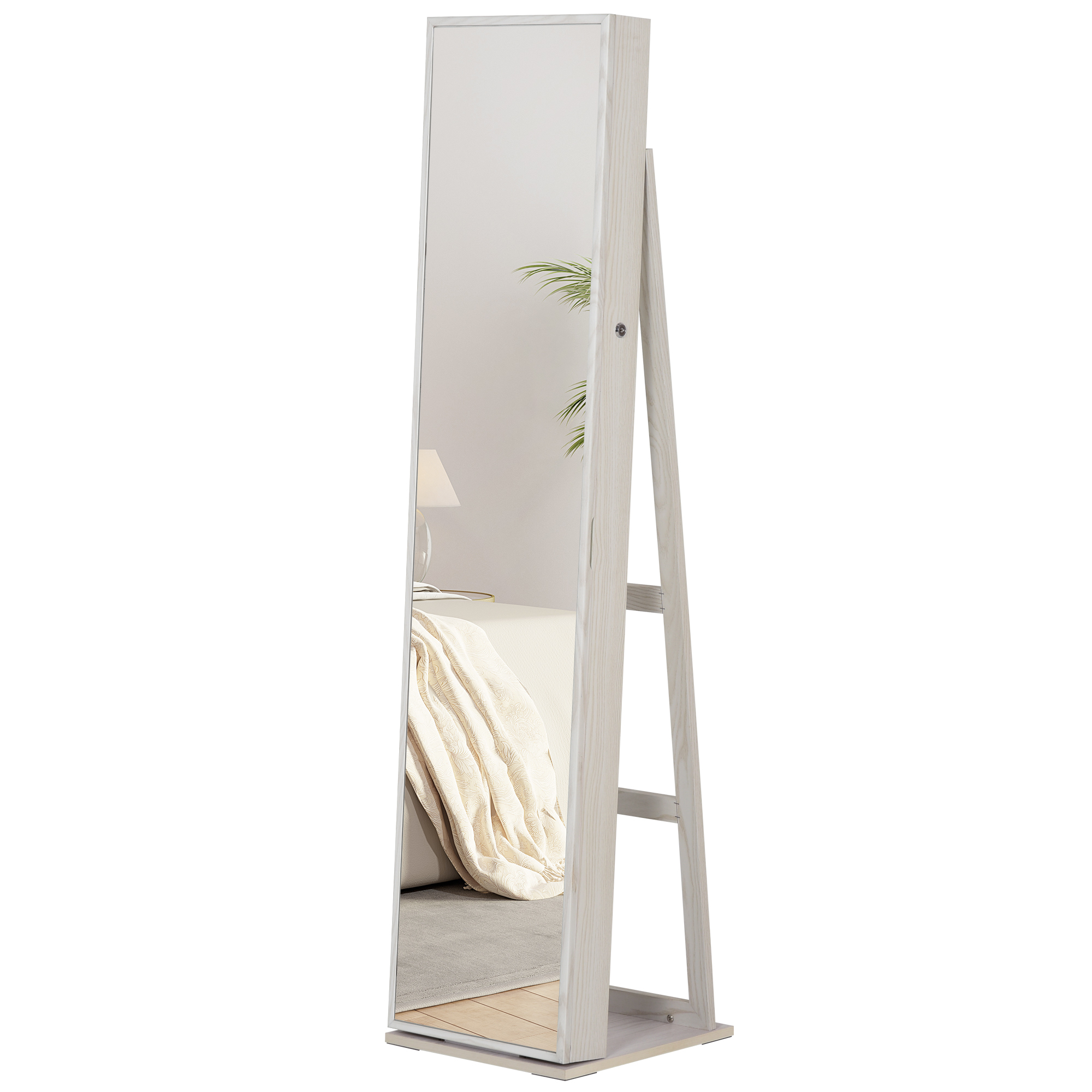 HOMCOM Schmuckschrank mit Spiegel auf Fußständer, mehrere Aufbewahrungsmöglichkeiten und LED-Beleuchtung Weiß, Maße: 38B x 38T x H157 cm